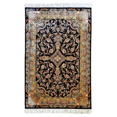 Black Floral Persian Kashan Style Natural Silk Carpet, 5x7.5 - in stock