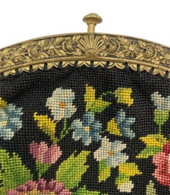 Black Floral Petit Point Purse with Gold Repoussé Frame, 1920s