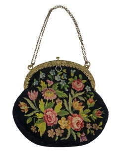 Black Floral Petit Point Purse with Gold Repoussé Frame, 1920s