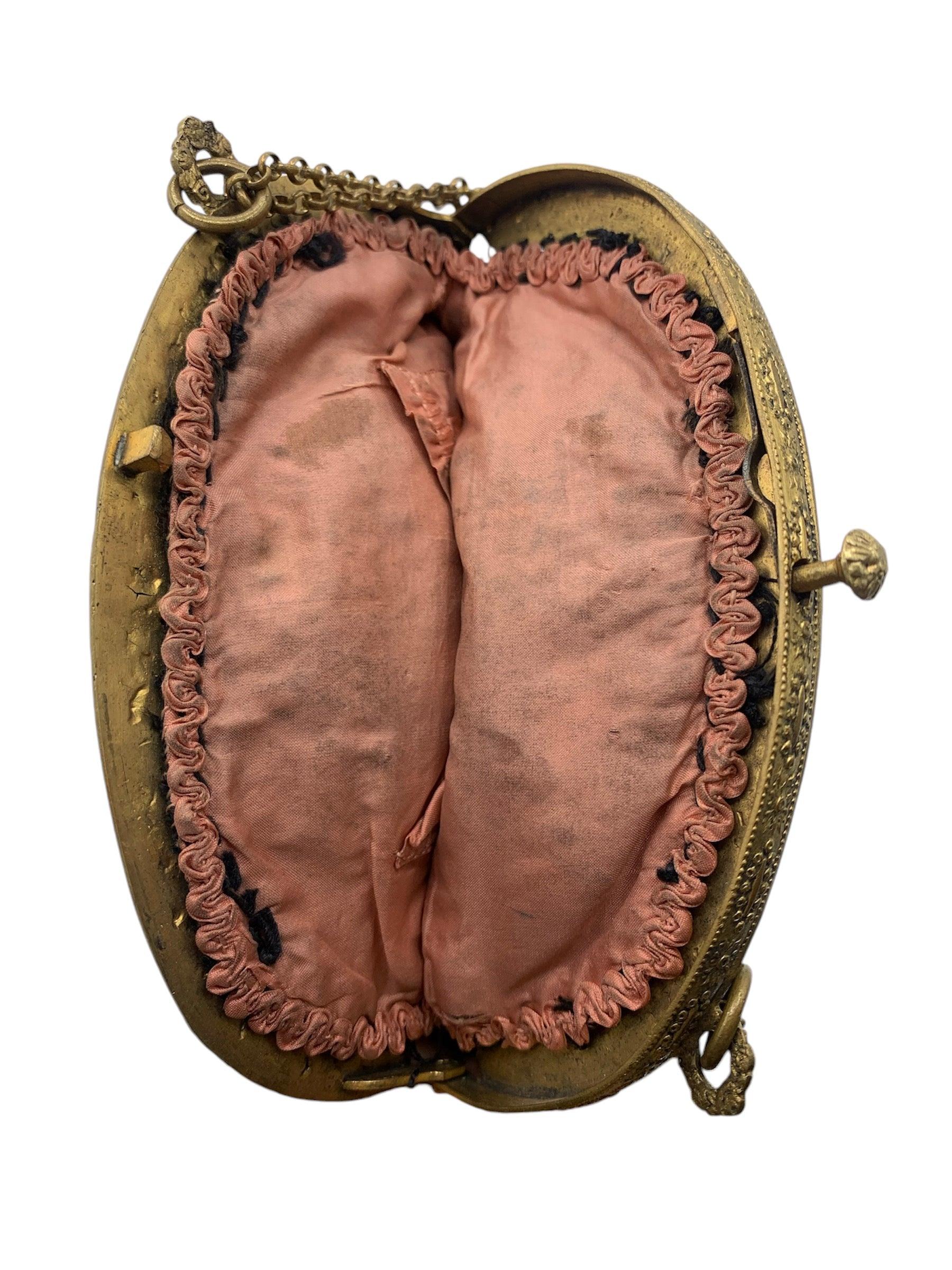 Women's Black Floral Petit Point Purse with Gold Repoussé Frame, 1920s For Sale