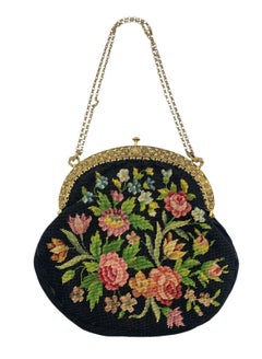 Black Floral Petit Point Purse with Gold Repoussé Frame, 1920s