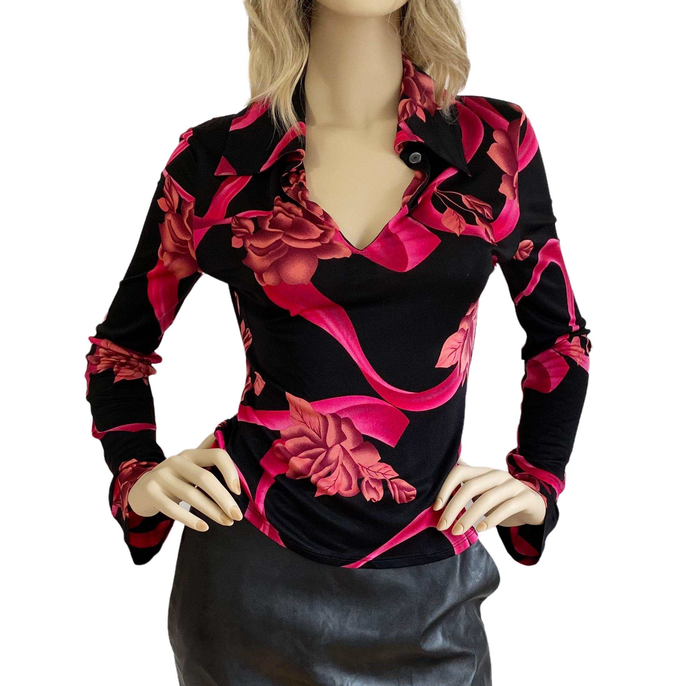 Black Floral Pointy Collar Silk Jersey Shirt Flora Kung NWT In New Condition In Boston, MA