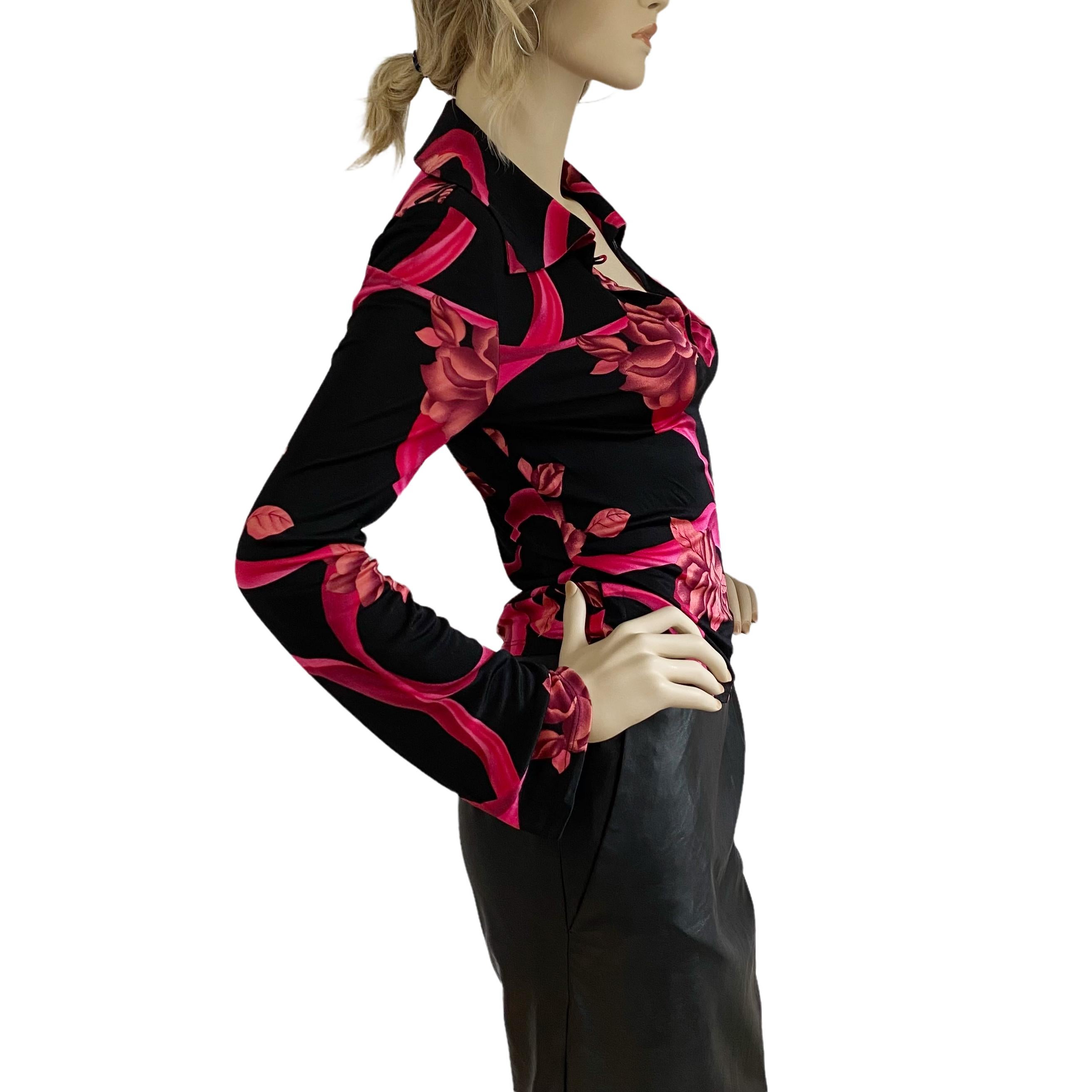 Women's Black Floral Pointy Collar Silk Jersey Shirt Flora Kung NWT