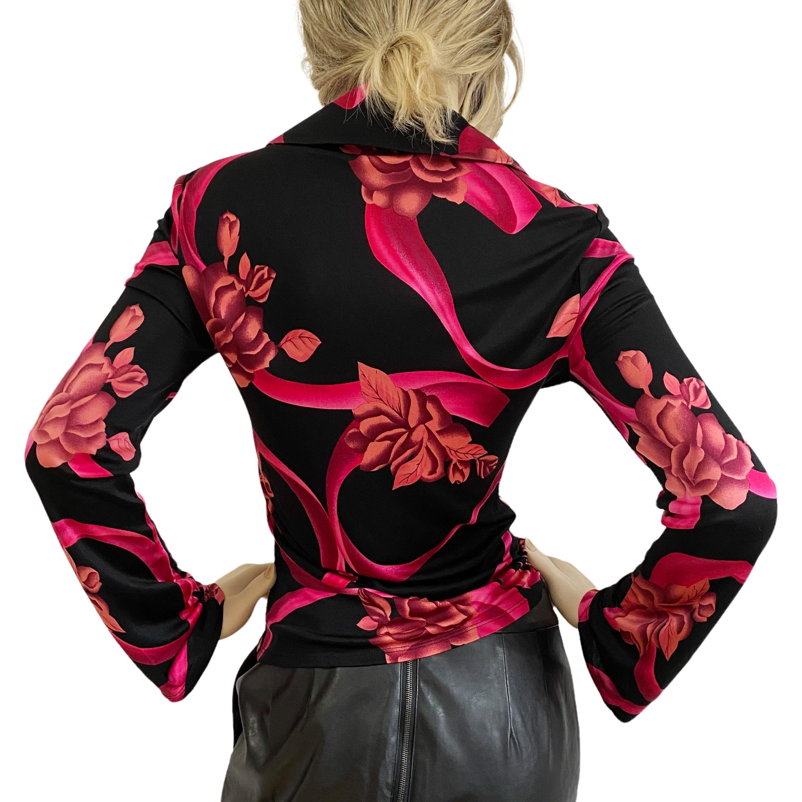 Black Floral Pointy Collar Silk Jersey Shirt Flora Kung NWT 1