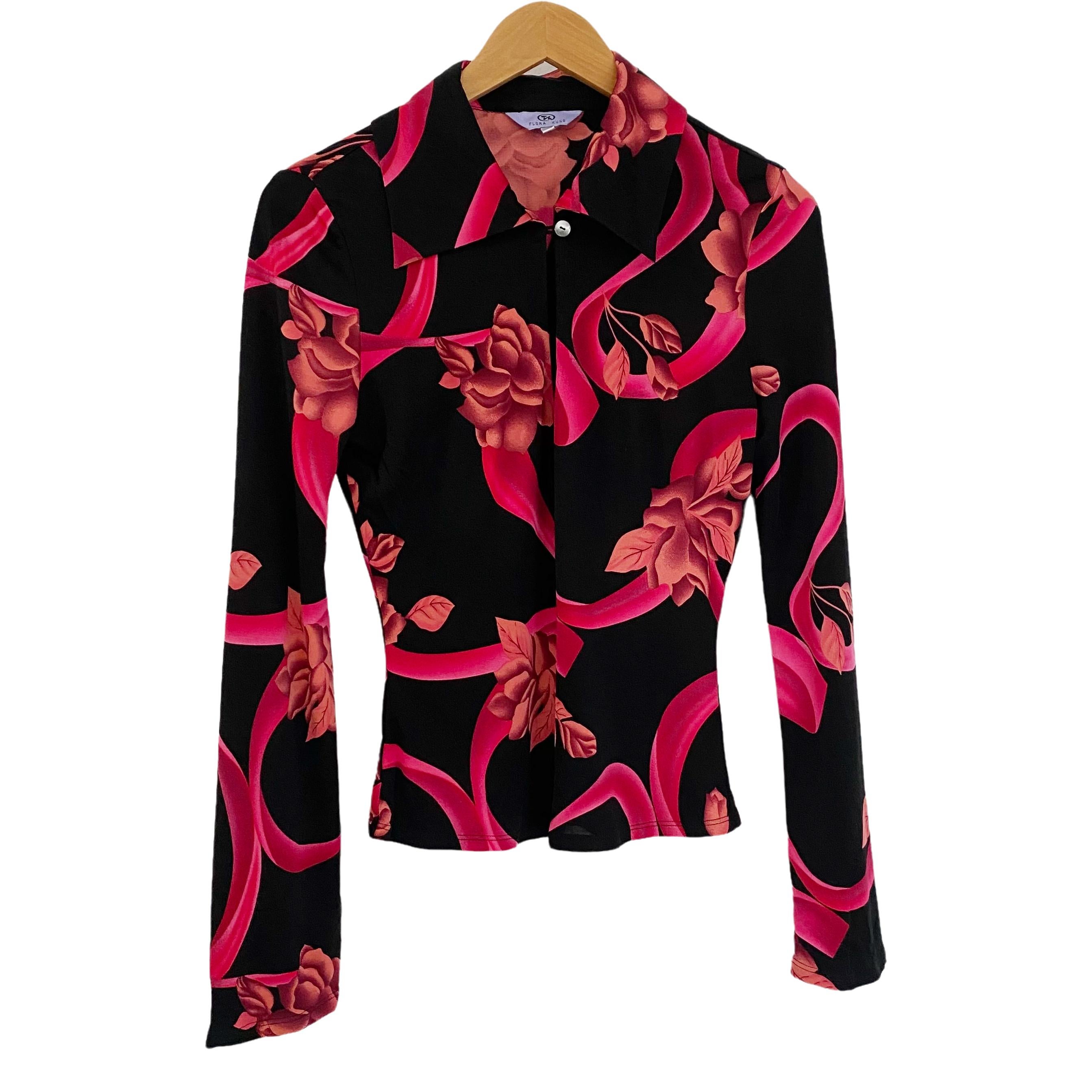 Black Floral Pointy Collar Silk Jersey Shirt Flora Kung NWT 2
