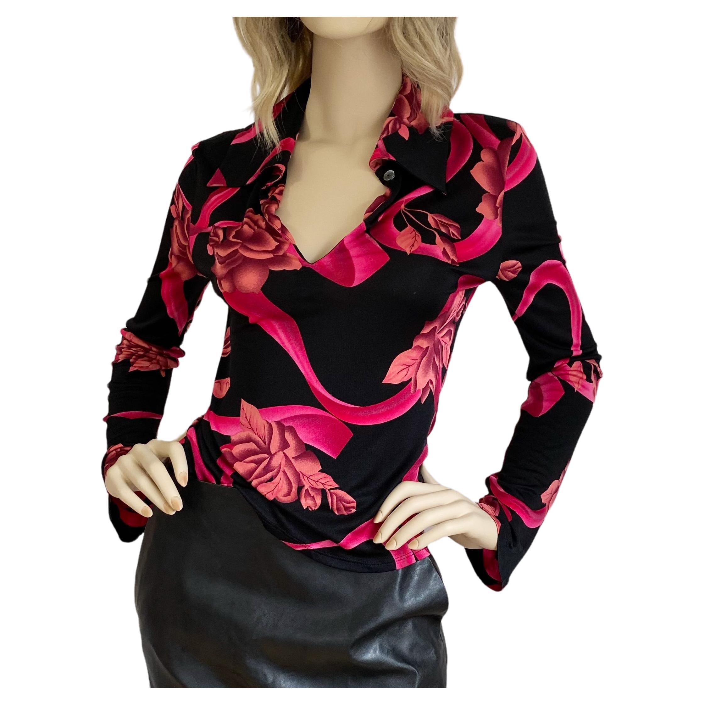 Black Floral Pointy Collar Silk Jersey Shirt Flora Kung NWT