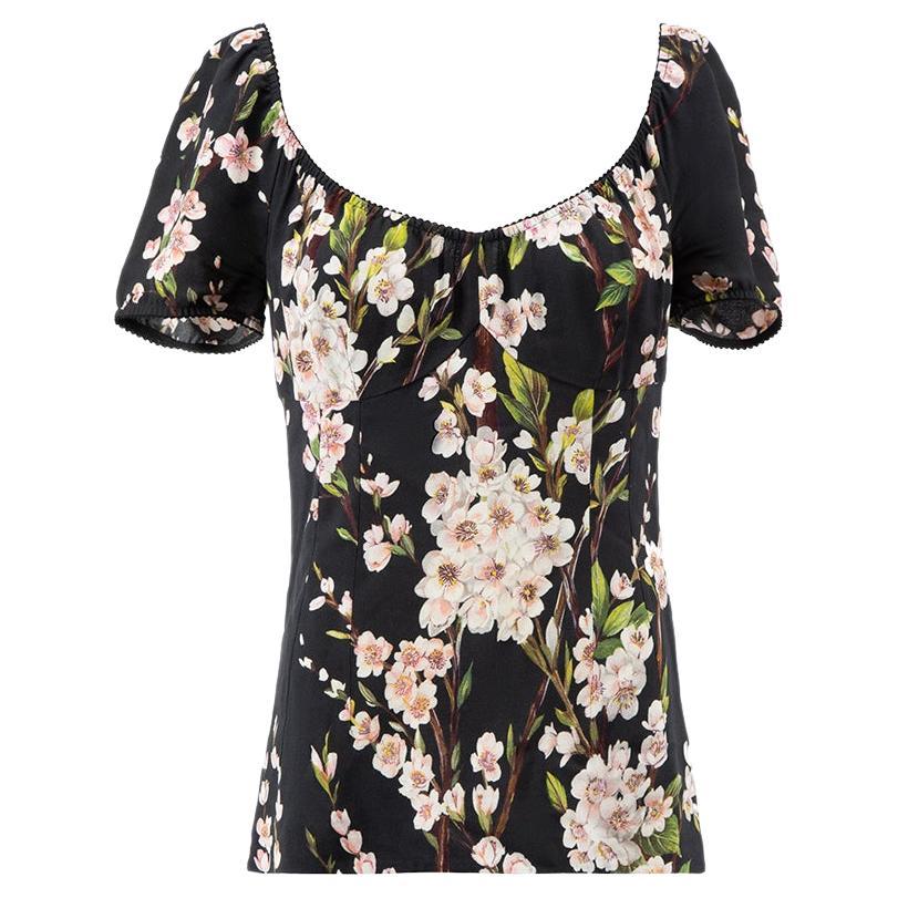 Black Floral Short Sleeve Top Size S For Sale