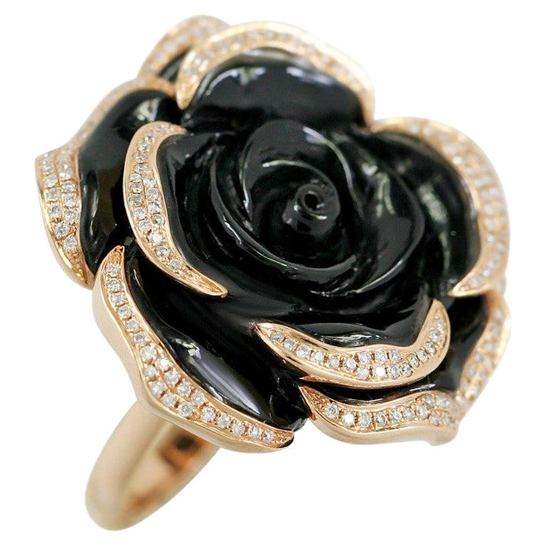 For Sale:  Black Flower Statement Ring Elegant Black Onyx Diamond Yellow Gold