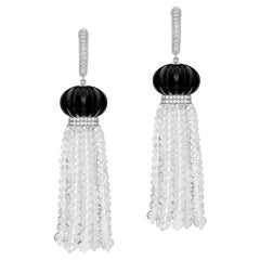 Goshwara Black Fluted Onyx With Moon Quartz Tassel And Diamond Earrings