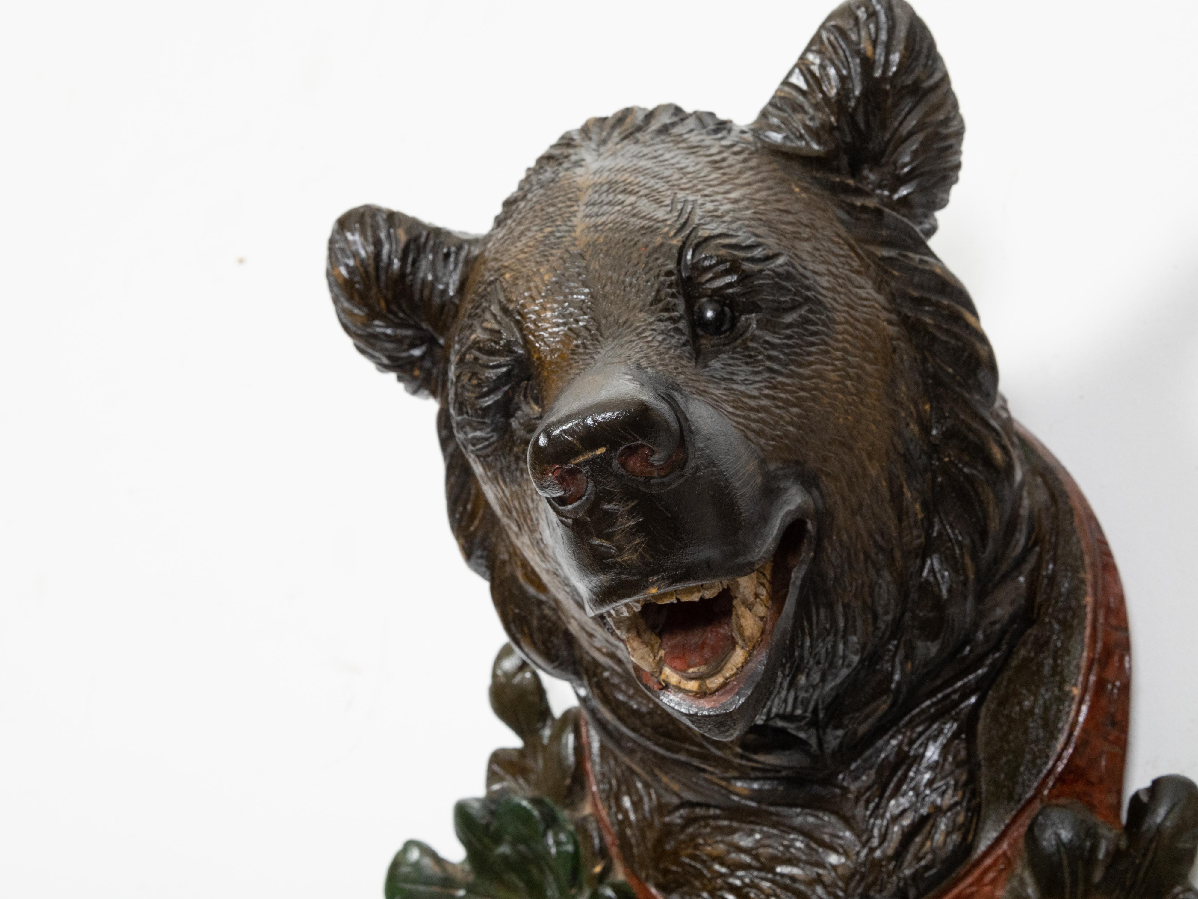 German Black Forest 1880s Carved and Painted Wooden Bear's Head Wall Hanging Sculpture For Sale