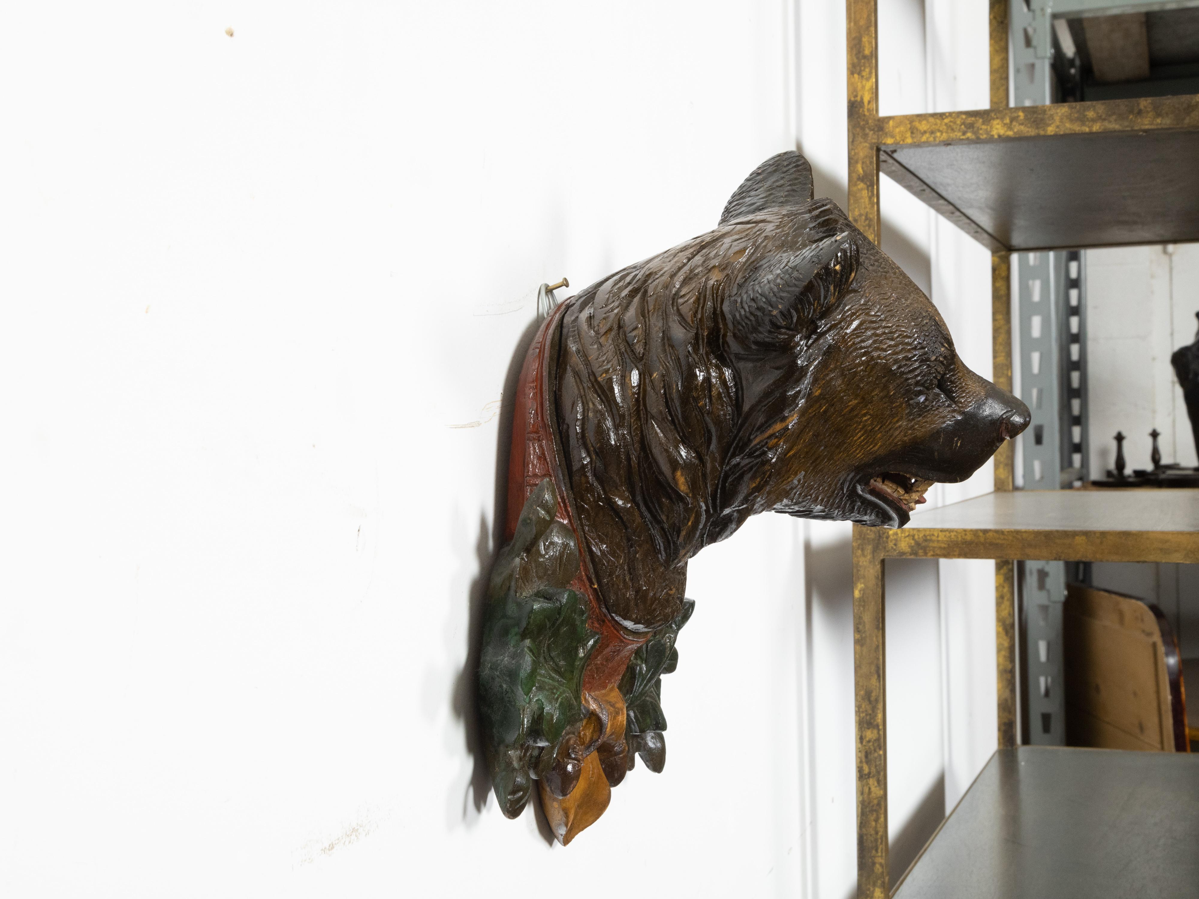 19th Century Black Forest 1880s Carved and Painted Wooden Bear's Head Wall Hanging Sculpture For Sale