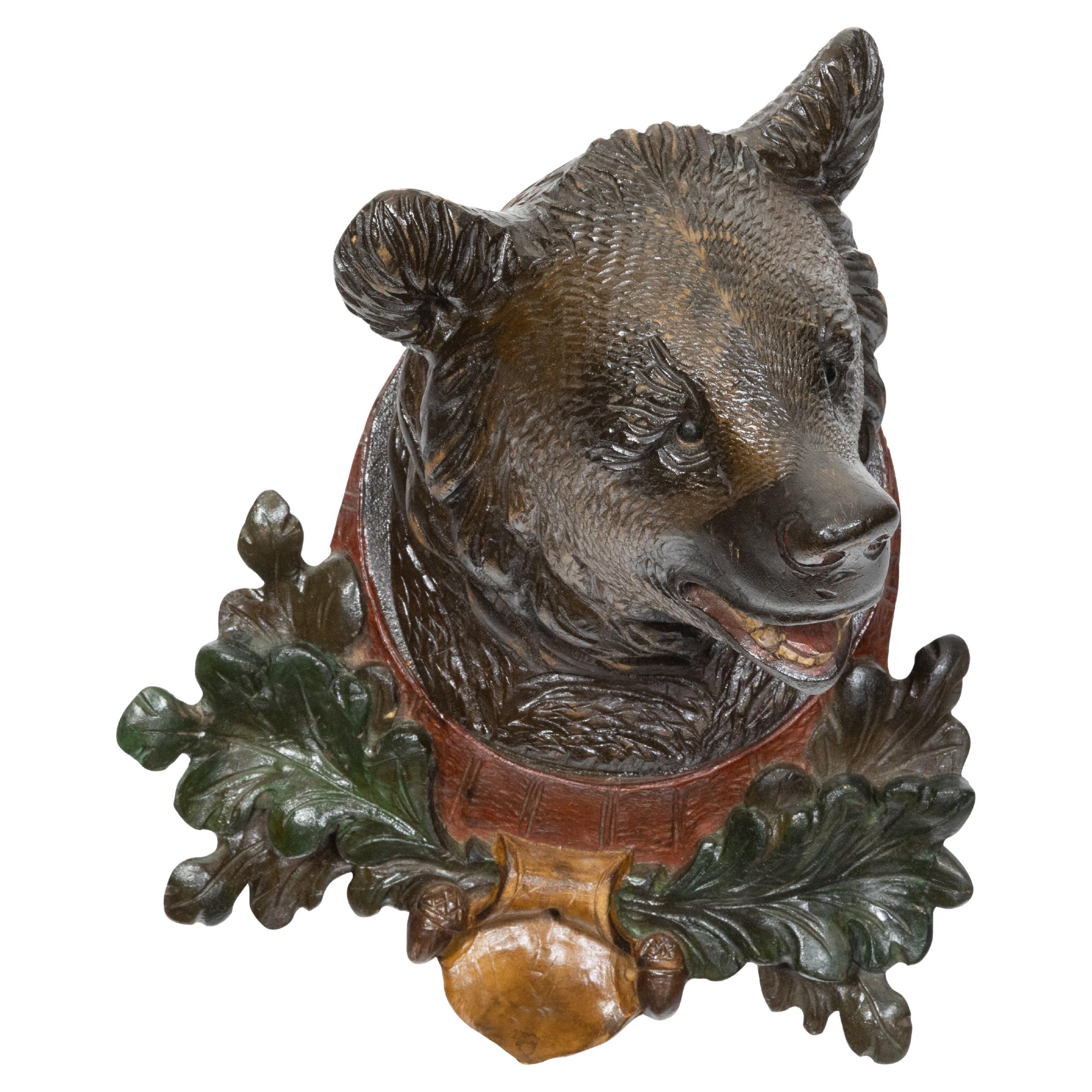 Black Forest 1880s Carved and Painted Wooden Bear's Head Wall Hanging Sculpture For Sale