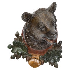 Antique Black Forest 1880s Carved and Painted Wooden Bear's Head Wall Hanging Sculpture