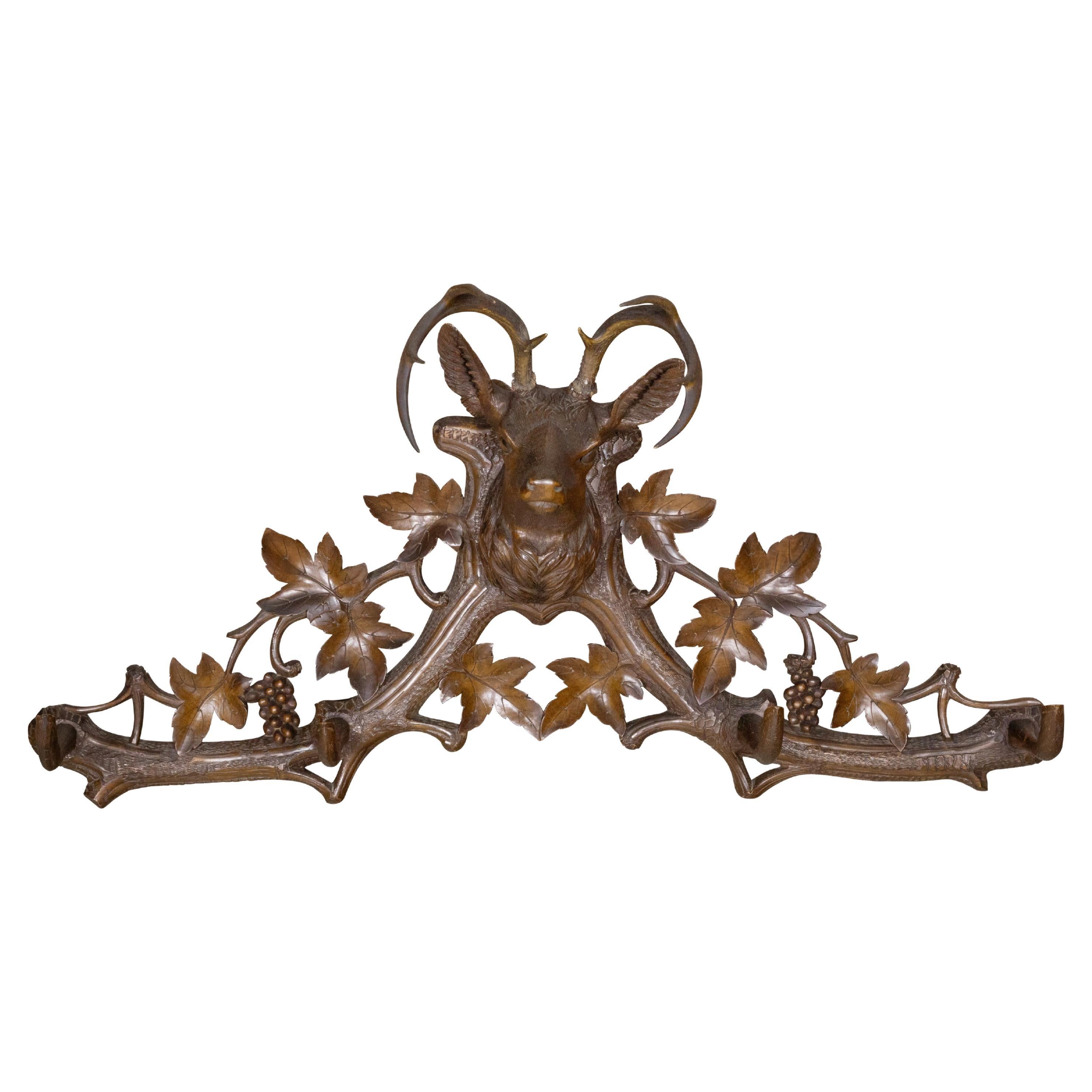 Black Forest 1880s Hand-Carved Coat or Hat Rack with Stag and Grapevines
