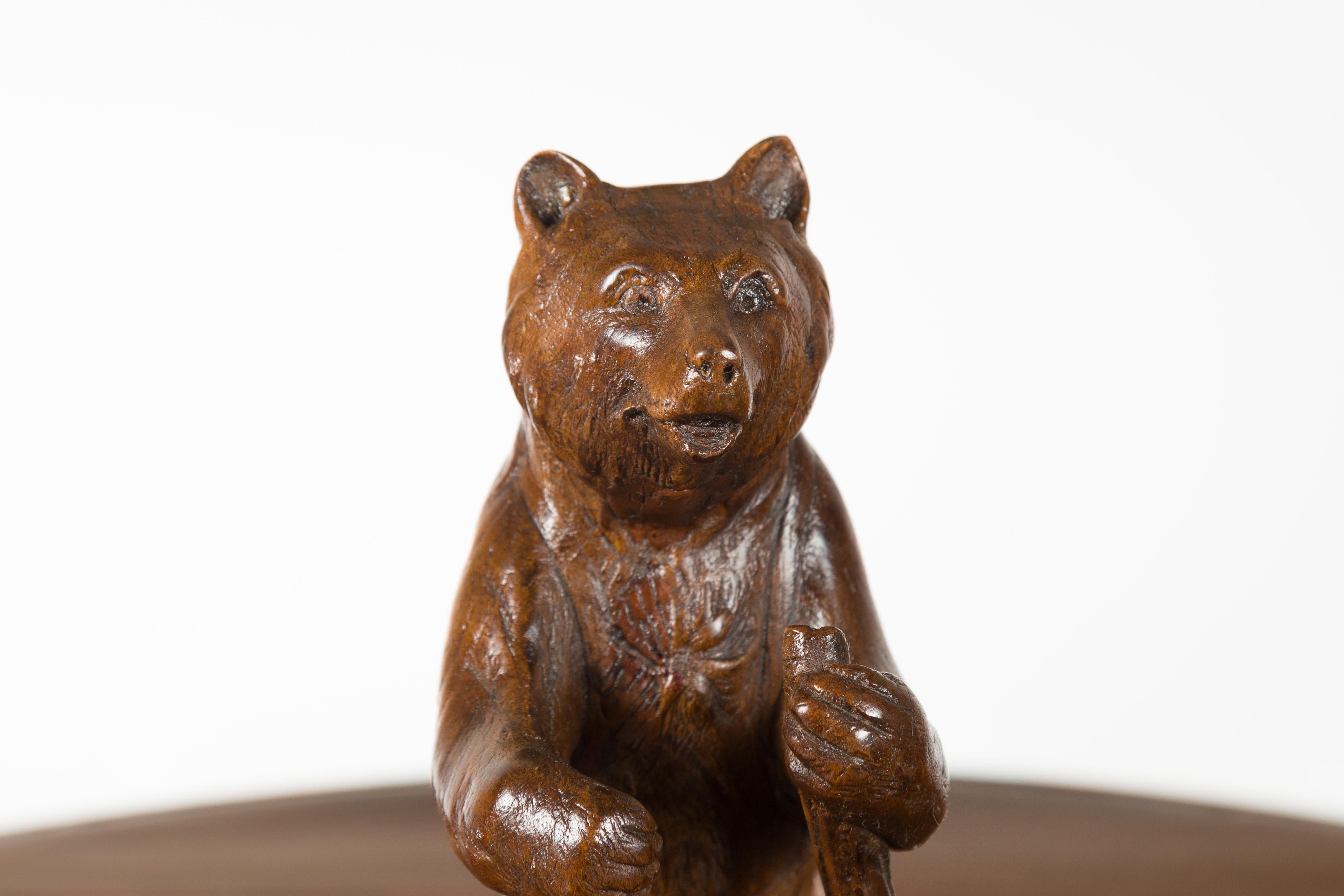 19th Century Black Forest 1890s Carved Wooden Bear Standing on a Circular Base For Sale