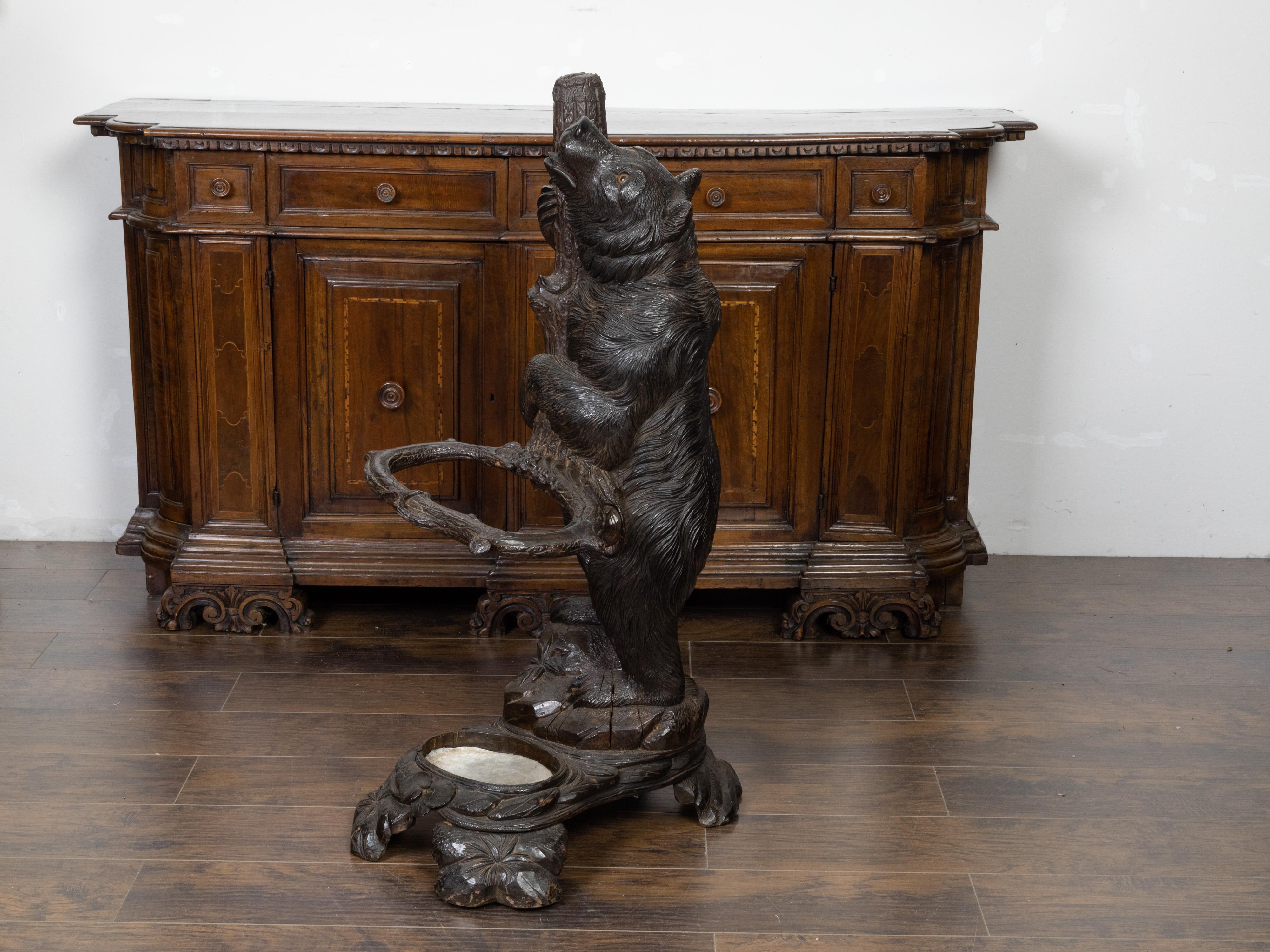 19th Century Black Forest 1890s Carved Wooden Umbrella Stand Depicting a Bear Climbing a Tree For Sale