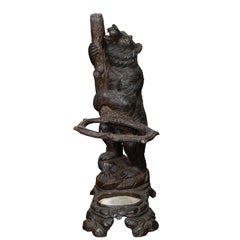 Used Black Forest 1890s Carved Wooden Umbrella Stand Depicting a Bear Climbing a Tree