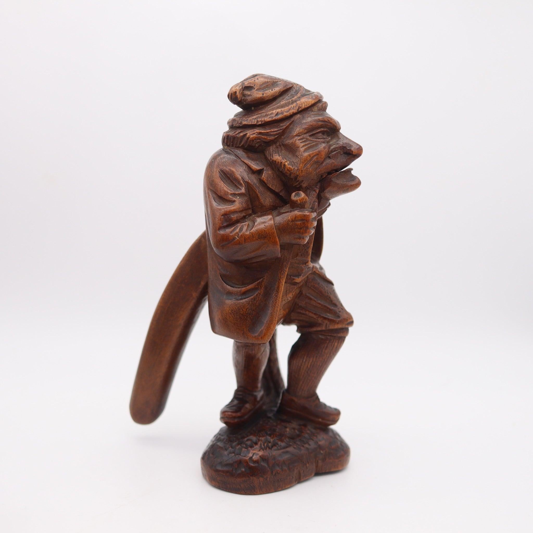 Hand-Carved BLACK FOREST 1900 Germany-Swiss Carved Wood Nutcracker Old Gnome Figure For Sale