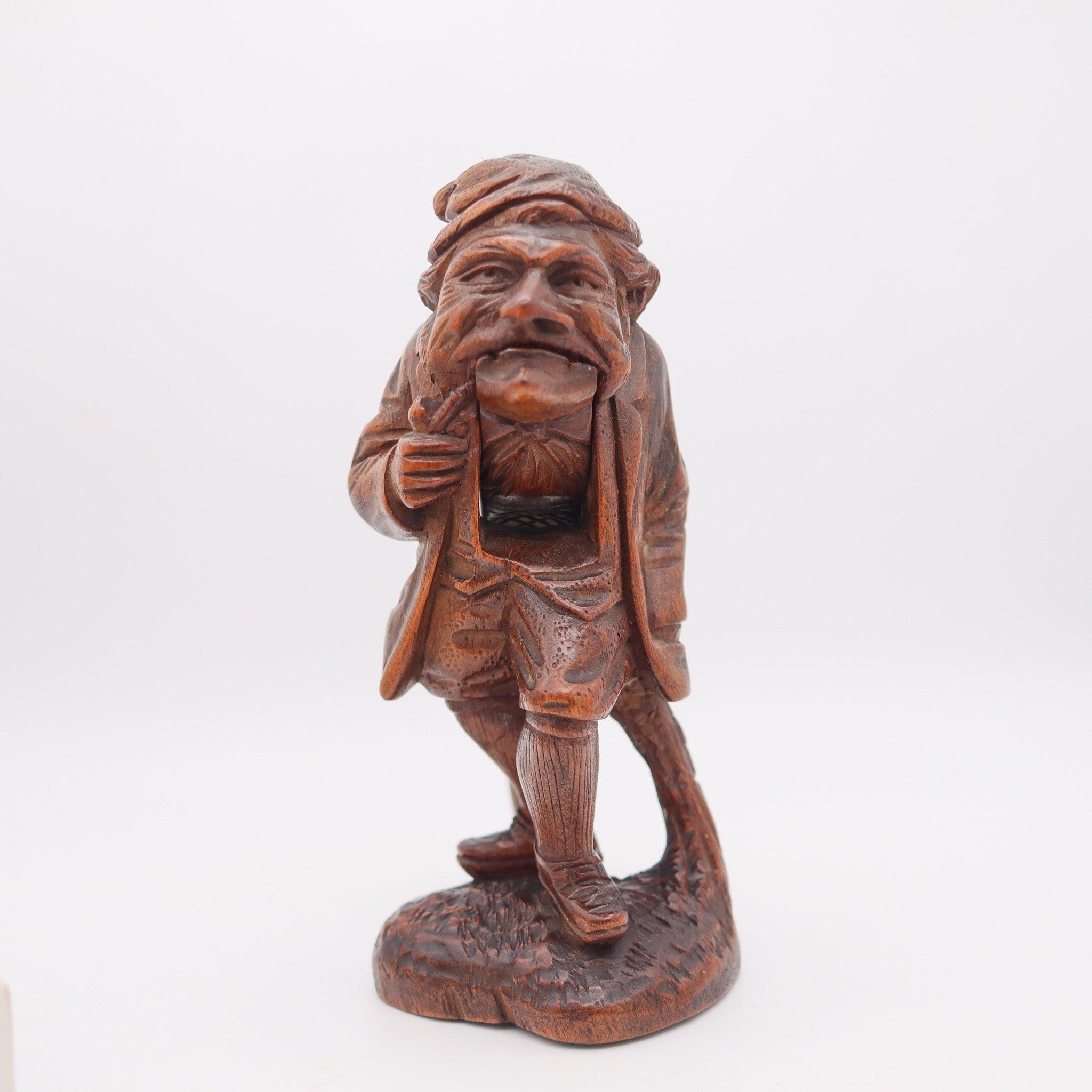 Early 20th Century BLACK FOREST 1900 Germany-Swiss Carved Wood Nutcracker Old Gnome Figure For Sale