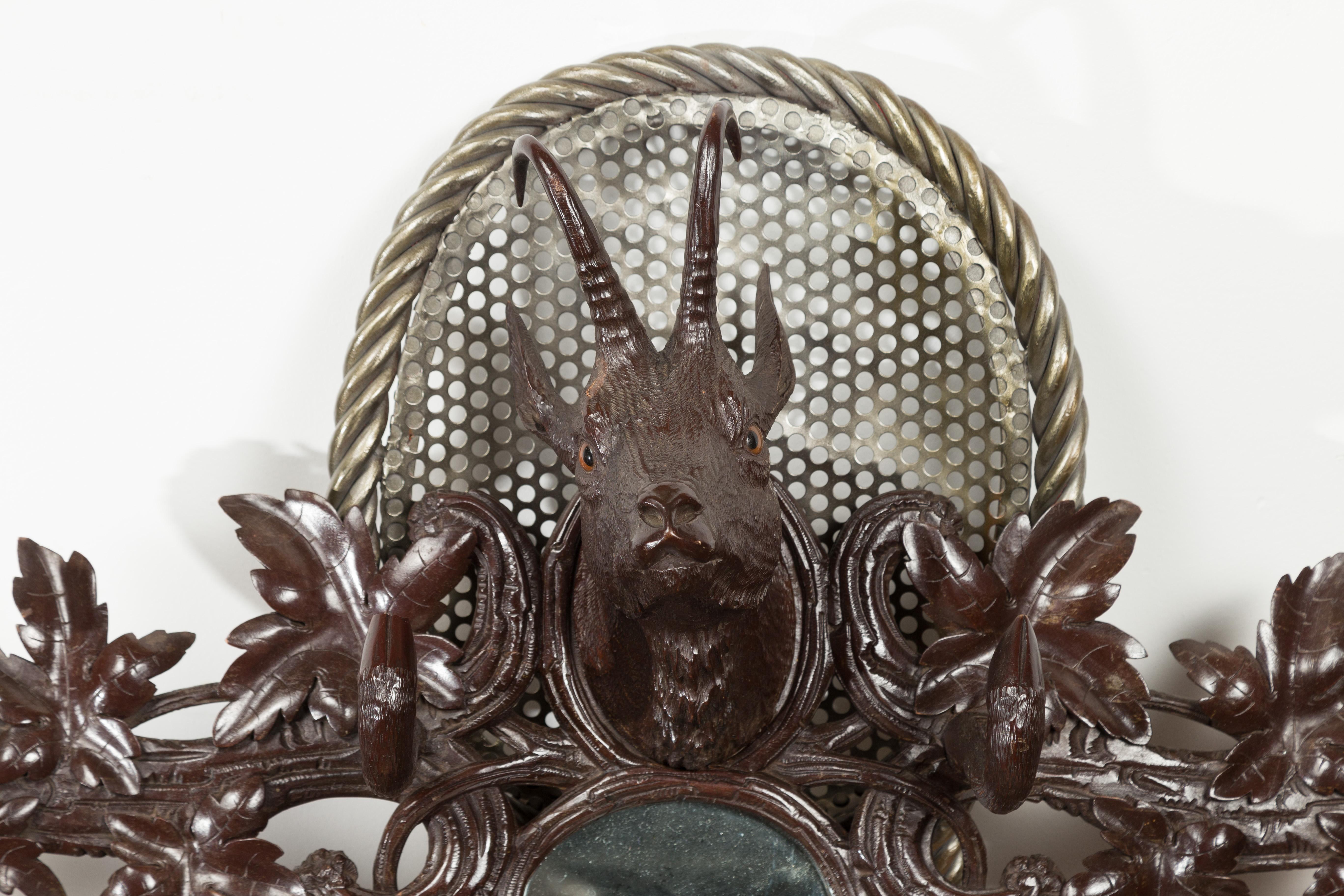 20th Century Black Forest 1900s Carved Wooden Plaque with Chamois Motif, Foliage and Mirror For Sale