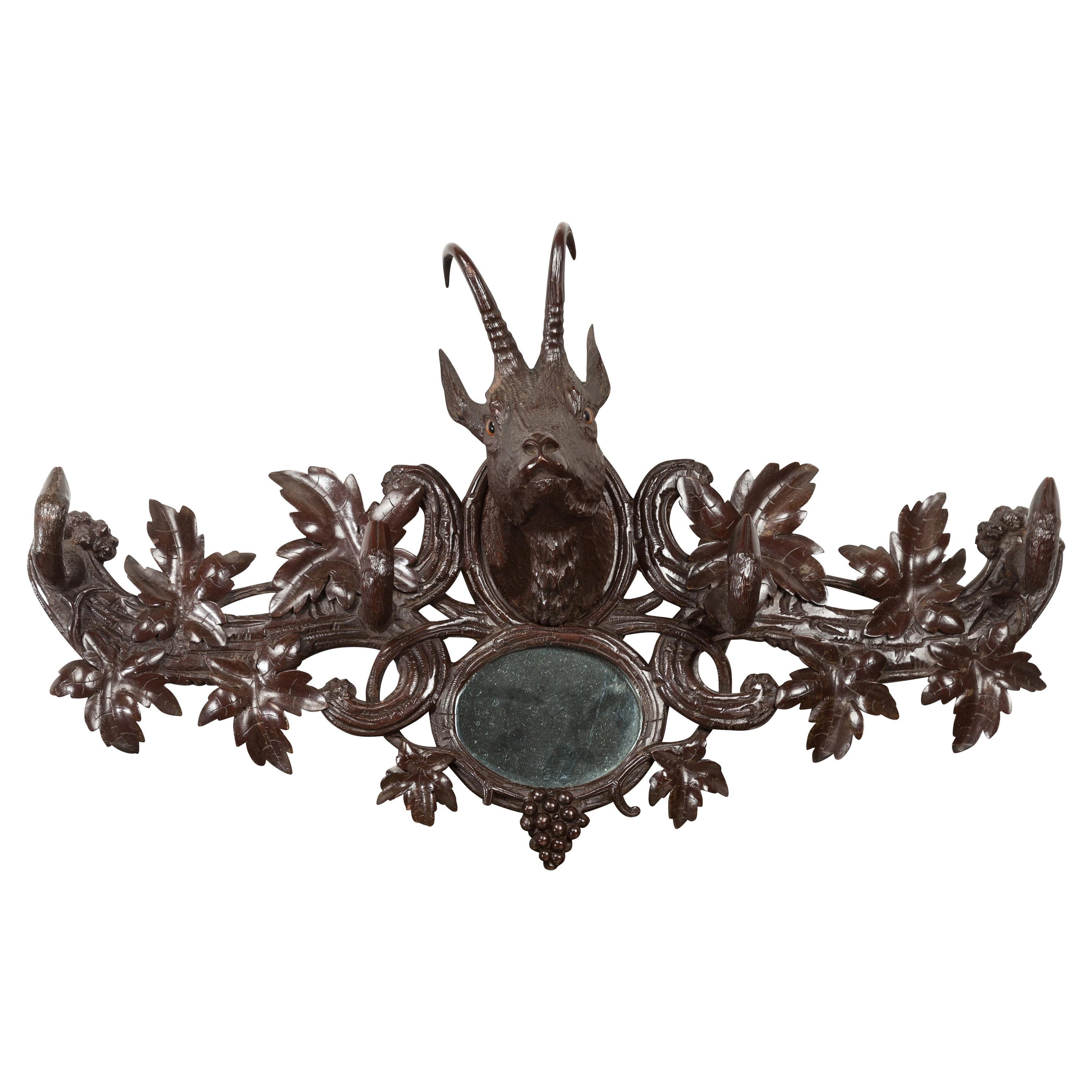 Black Forest 1900s Carved Wooden Plaque with Chamois Motif, Foliage and Mirror For Sale