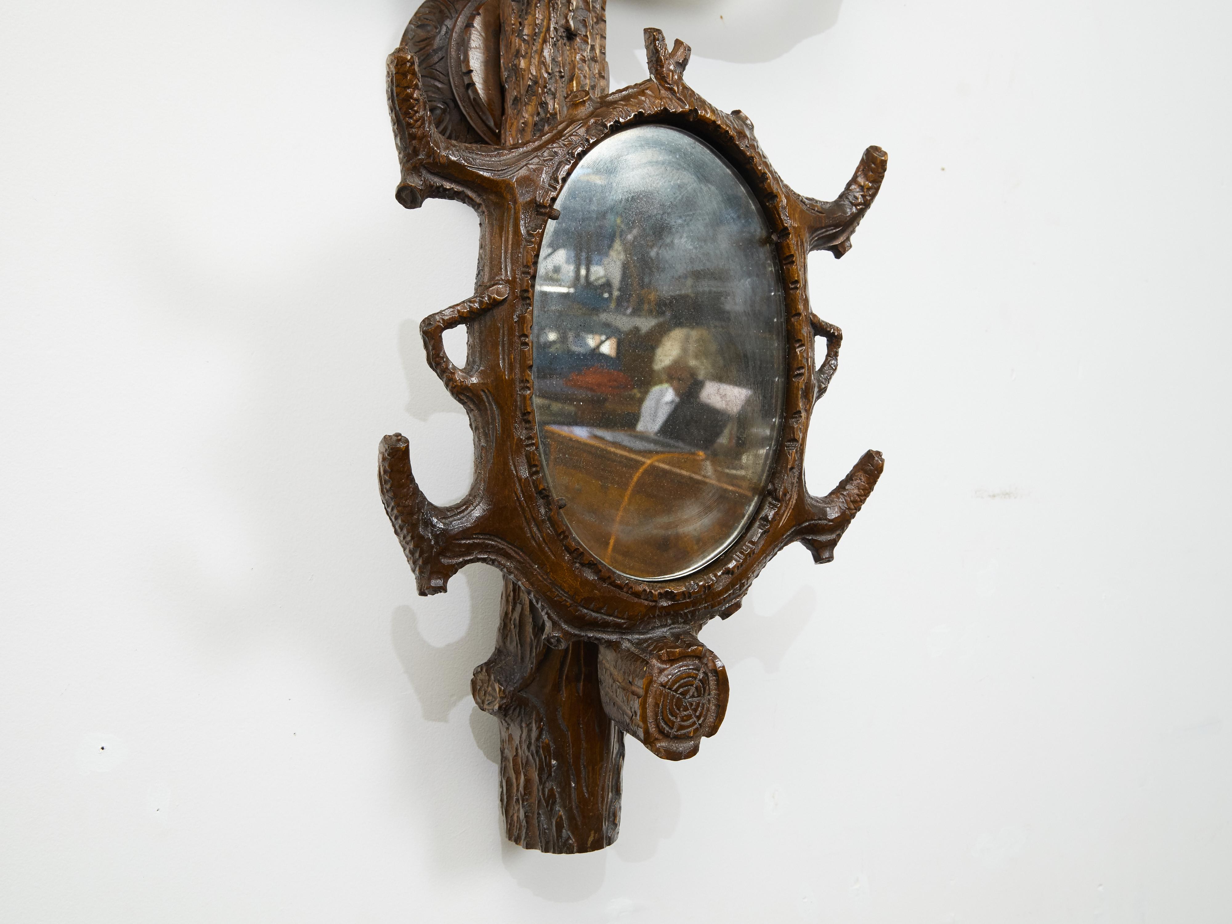 Black Forest 1900s Carved Wooden Wall Hanging Ornament with Bear and Oval Mirror For Sale 3