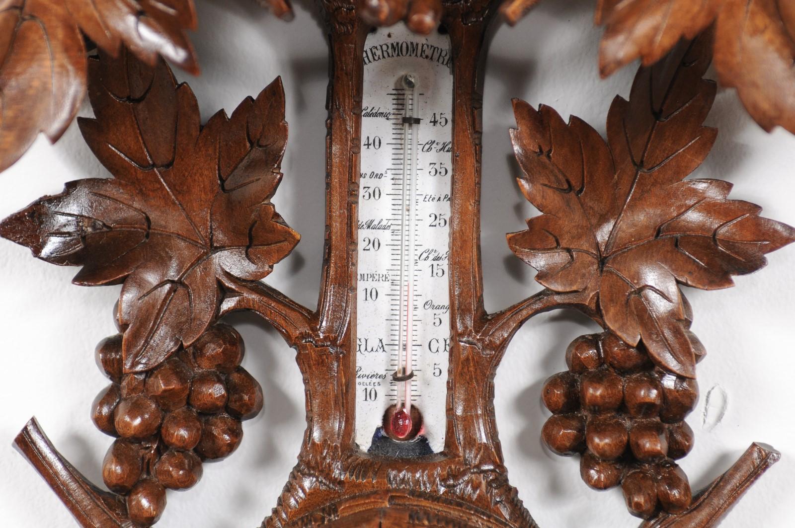 Glass Black Forest 1920s Carved Aneroid Barometer with Foliage, Bird and Fox Motifs For Sale