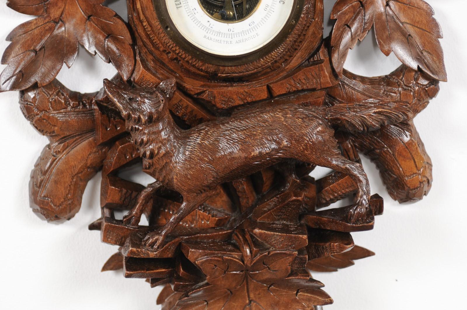 Black Forest 1920s Carved Aneroid Barometer with Foliage, Bird and Fox Motifs For Sale 1