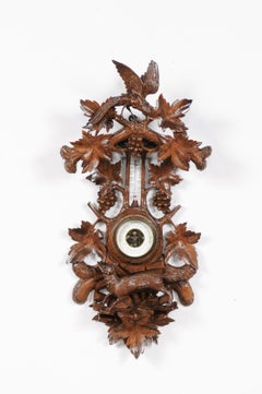 Black Forest 1920s Carved Aneroid Barometer with Foliage, Bird and Fox Motifs