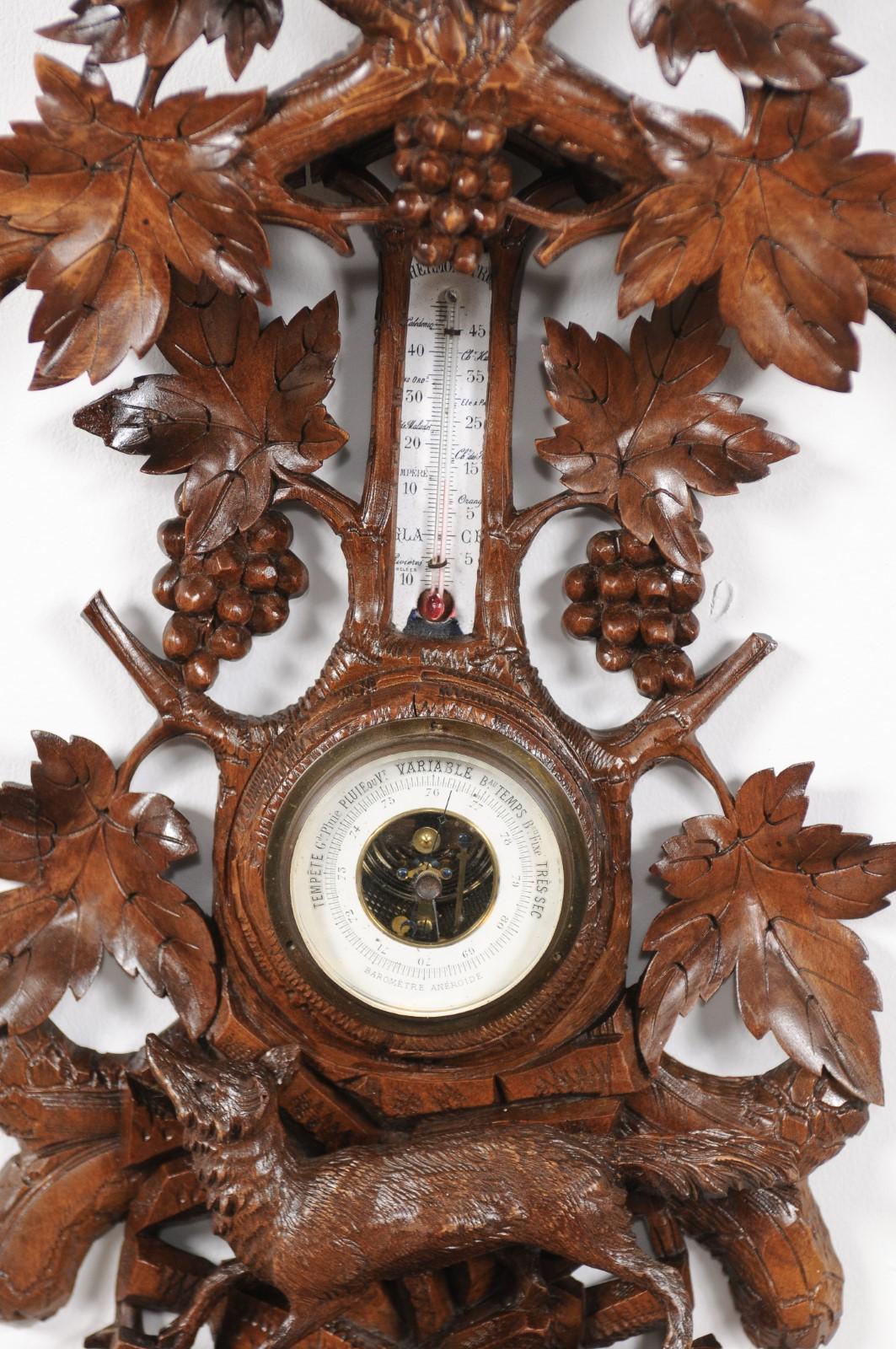 French Black Forest 1920s Carved Aneroid Barometer with Foliage, Bird and Fox Motifs For Sale