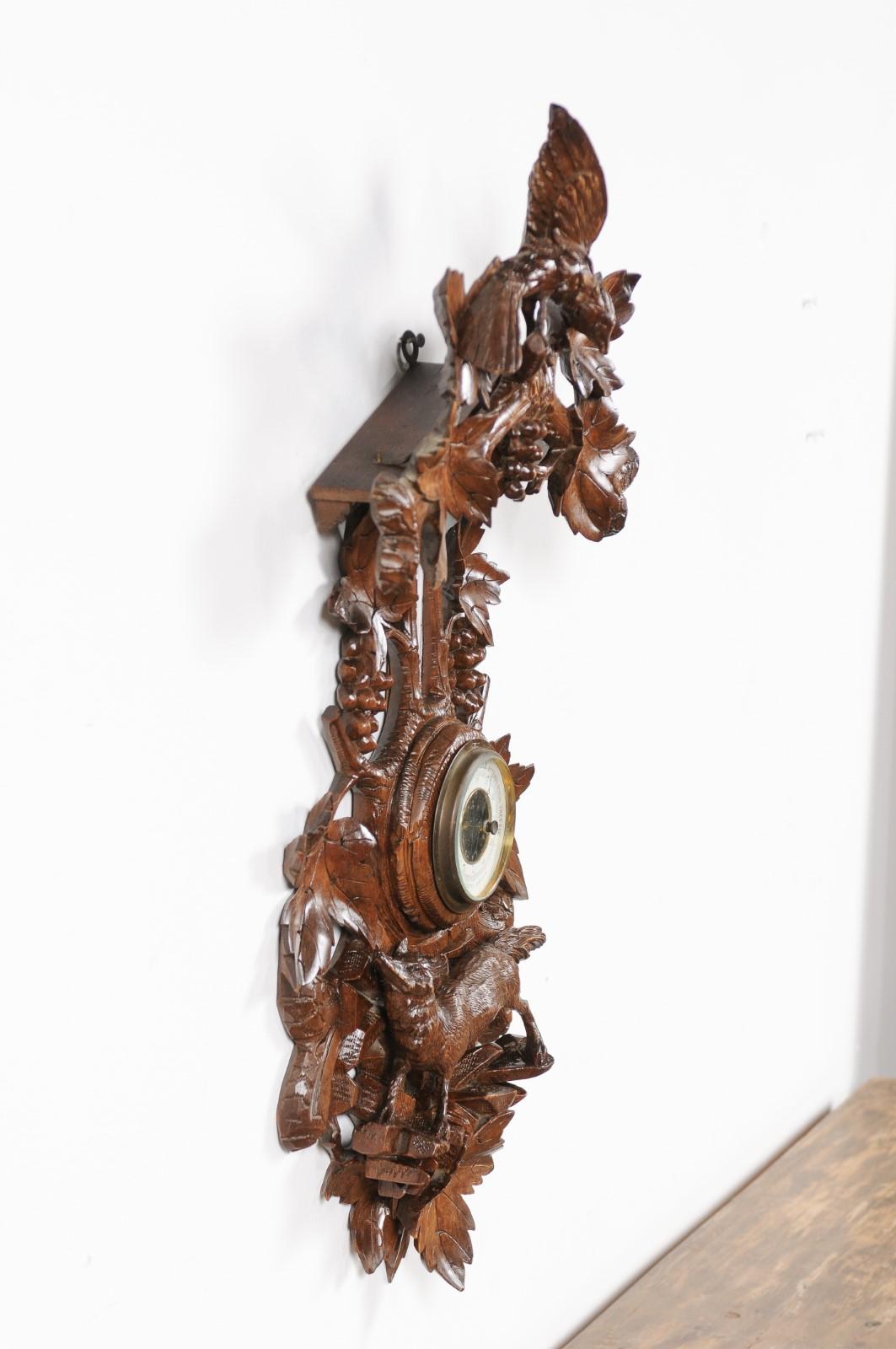 Hand-Carved Black Forest 1920s Carved Aneroid Barometer with Foliage, Bird and Fox Motifs