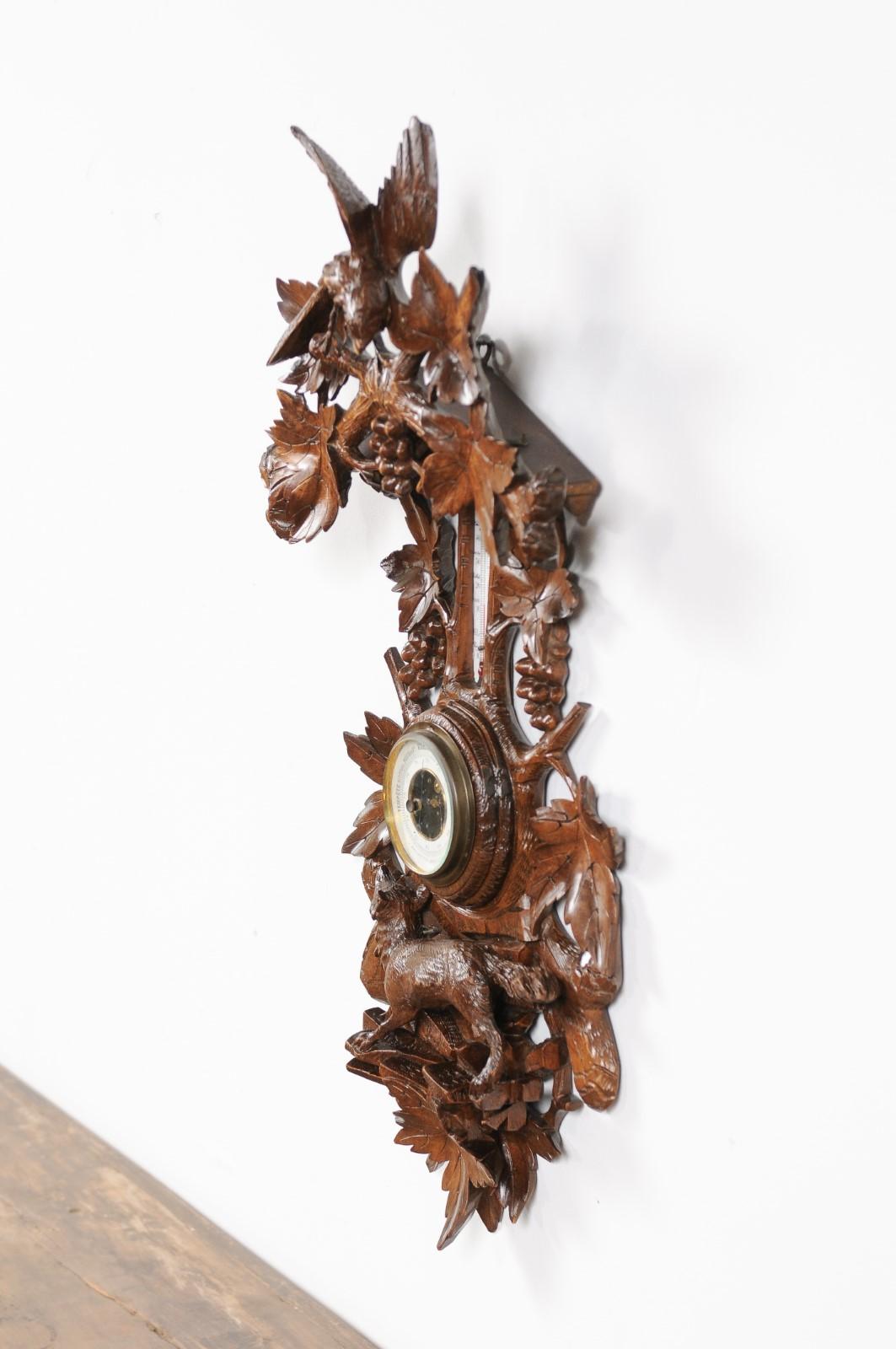 Black Forest 1920s Carved Aneroid Barometer with Foliage, Bird and Fox Motifs In Good Condition In Atlanta, GA