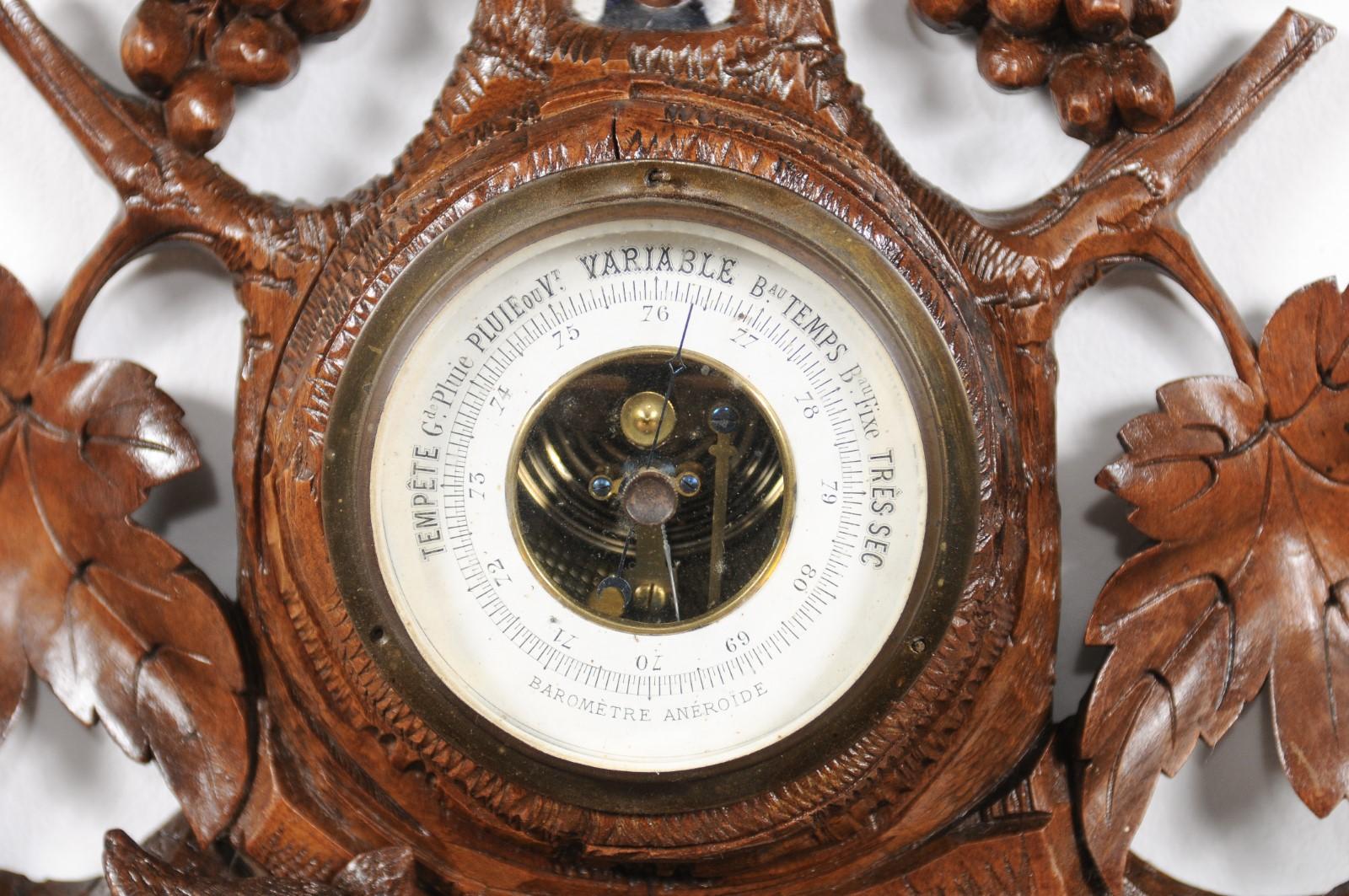 20th Century Black Forest 1920s Carved Aneroid Barometer with Foliage, Bird and Fox Motifs For Sale