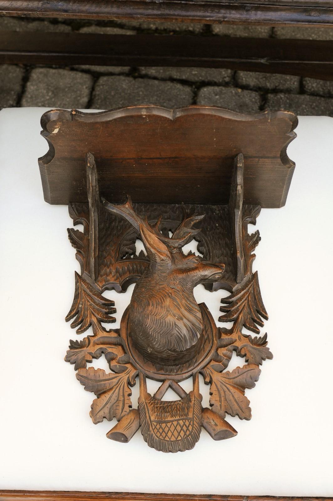 Black Forest 1920s Oak Wall Bracket from Switzerland with Hand Carved Stag Motif For Sale 4