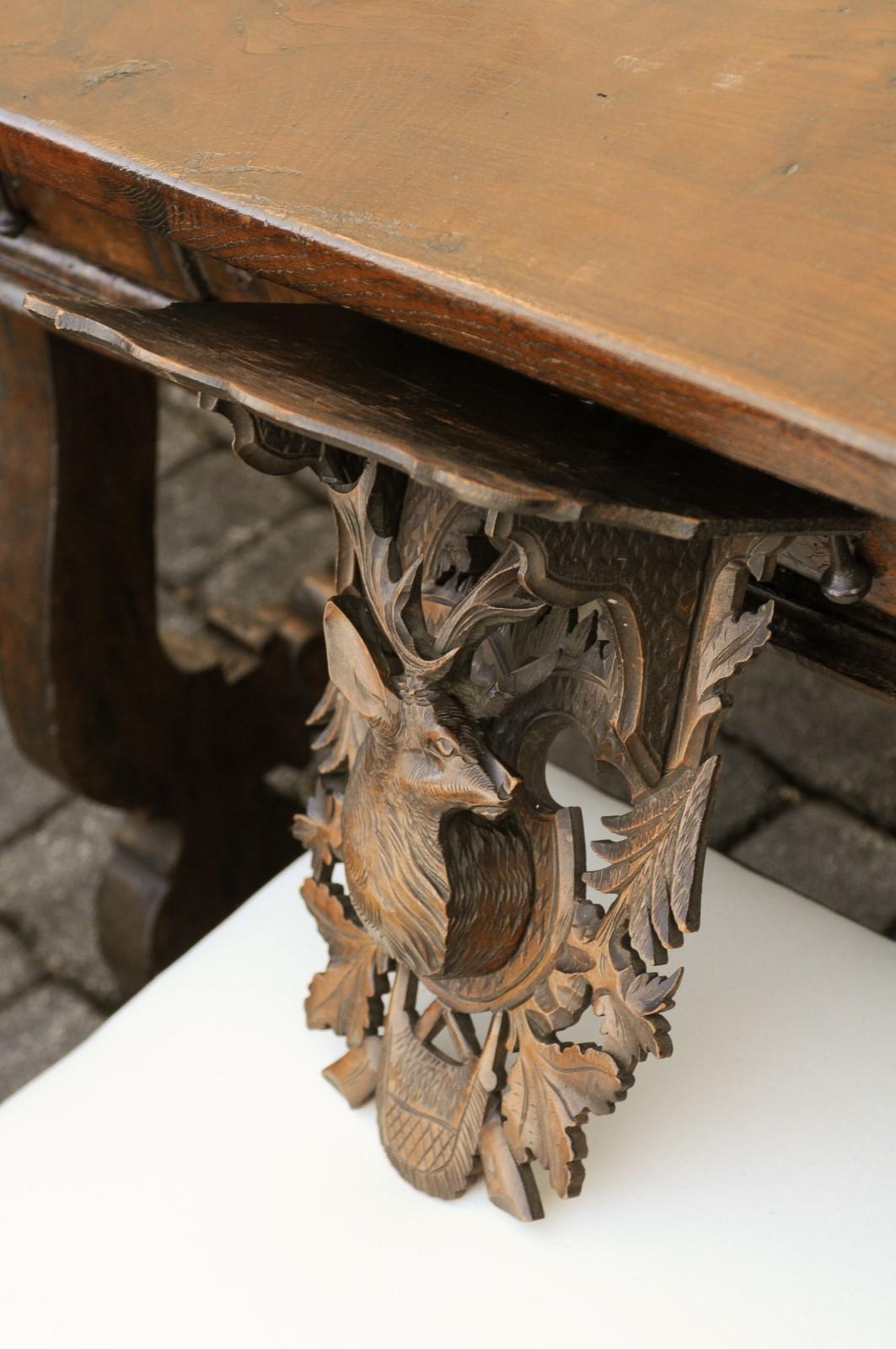 Black Forest 1920s Oak Wall Bracket from Switzerland with Hand Carved Stag Motif For Sale 1
