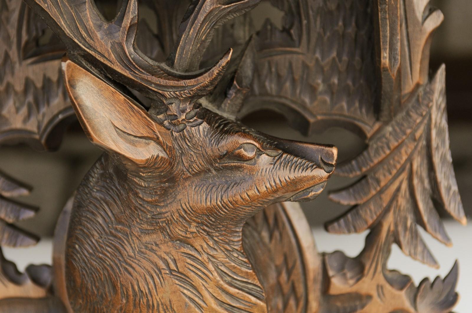 Black Forest 1920s Oak Wall Bracket from Switzerland with Hand Carved Stag Motif 3