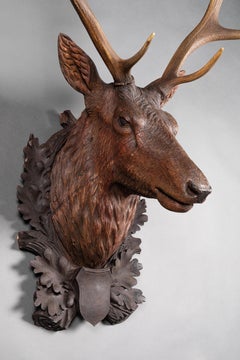 Black Forest, 19th Century, Deer Trophy in Carved Wood