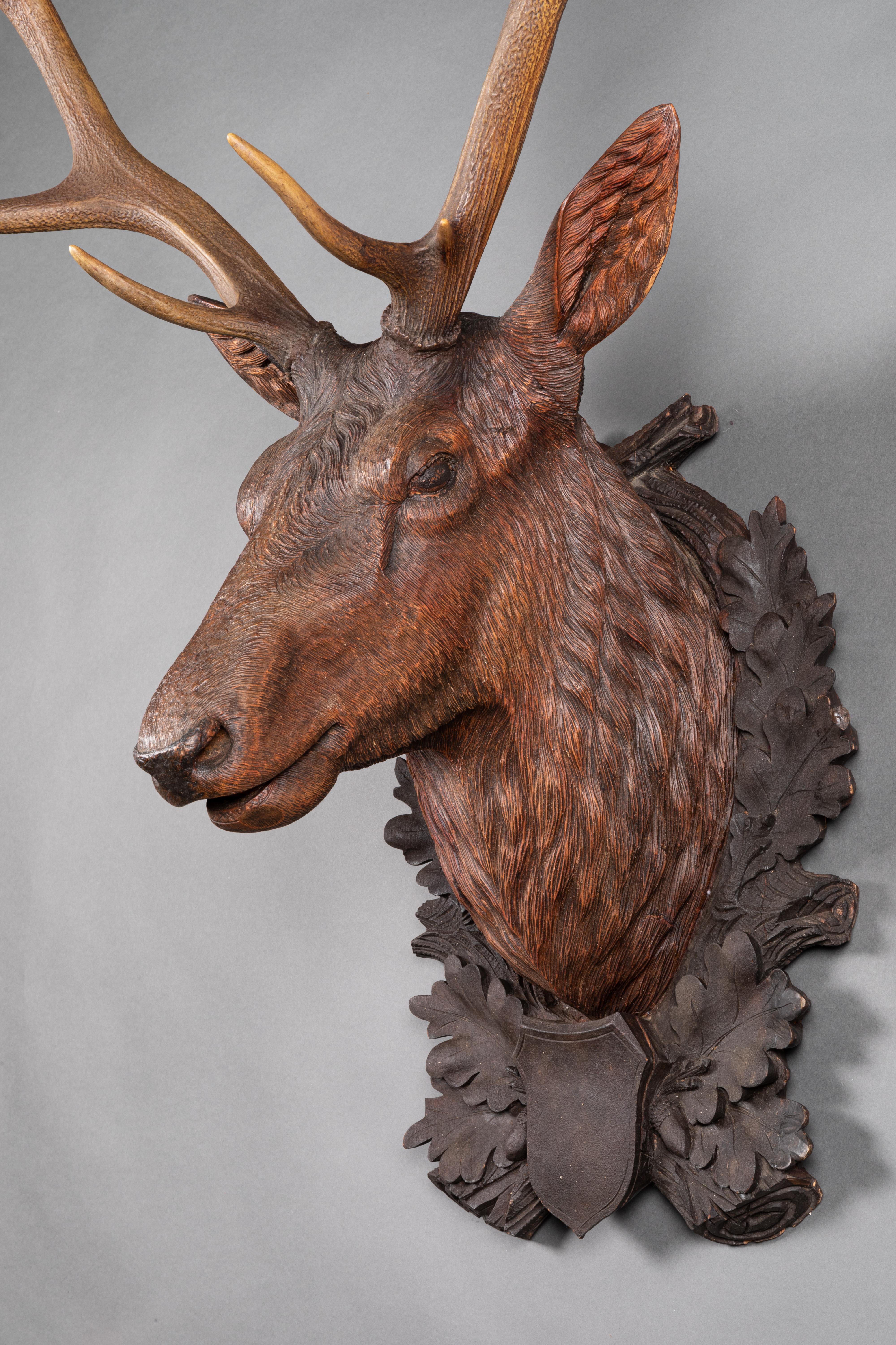 Swiss Black Forest, 19th Century, Deer Trophy in Carved Wood