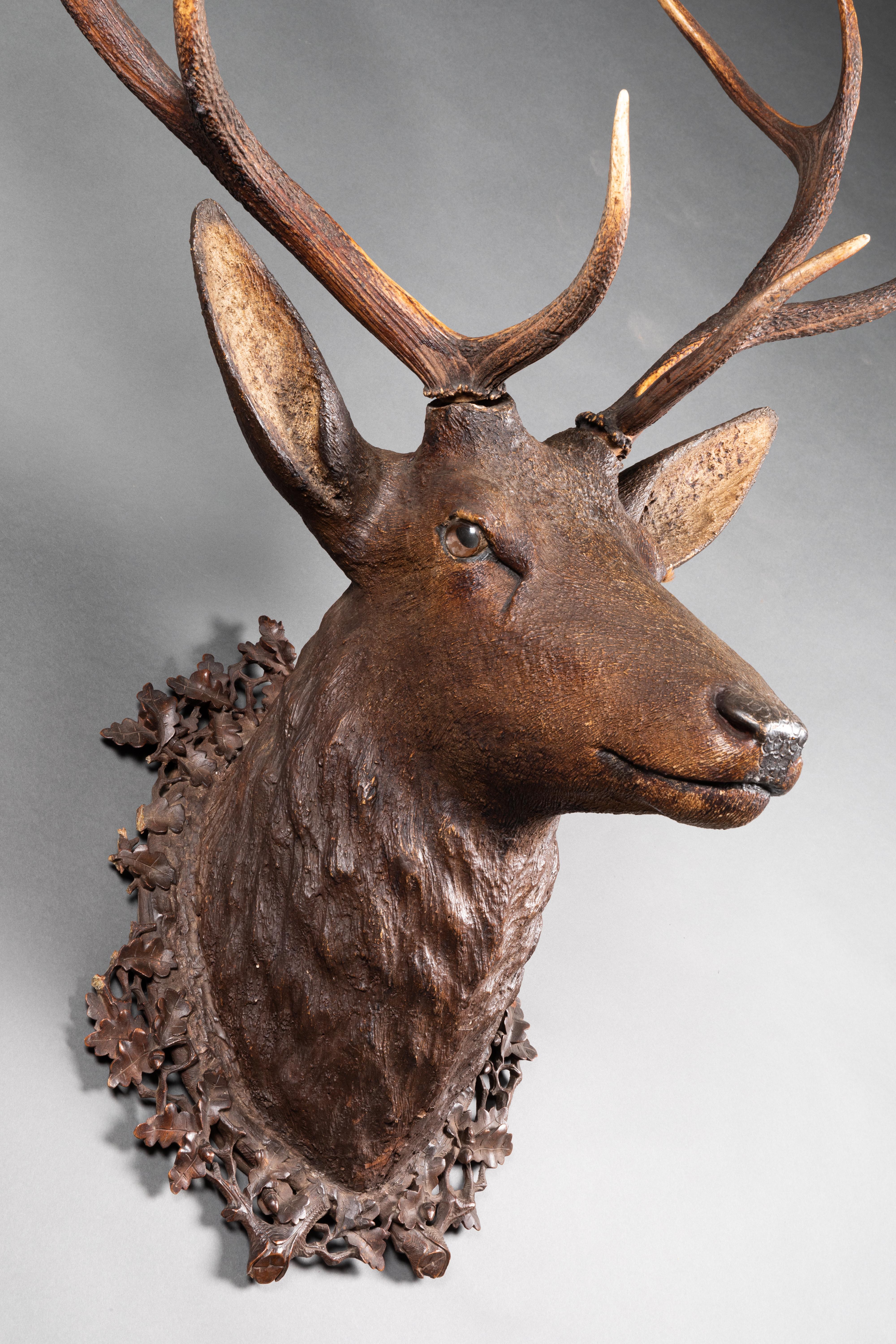 Antler Black Forest, 19th Century, Deer Trophy in Carved Wood