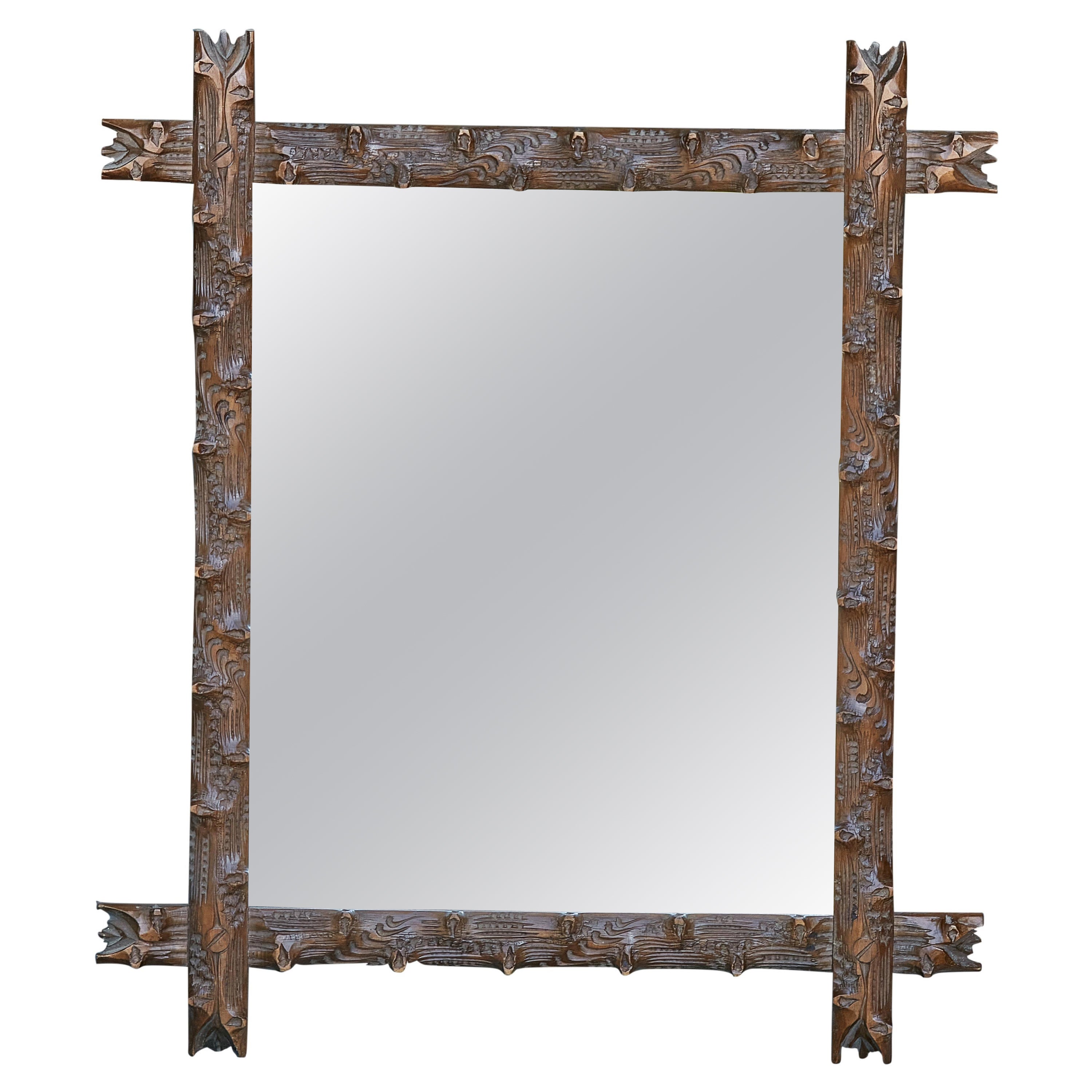 Black Forest 19th Century Wooden Mirror with Hand-Carved Wooden Frame