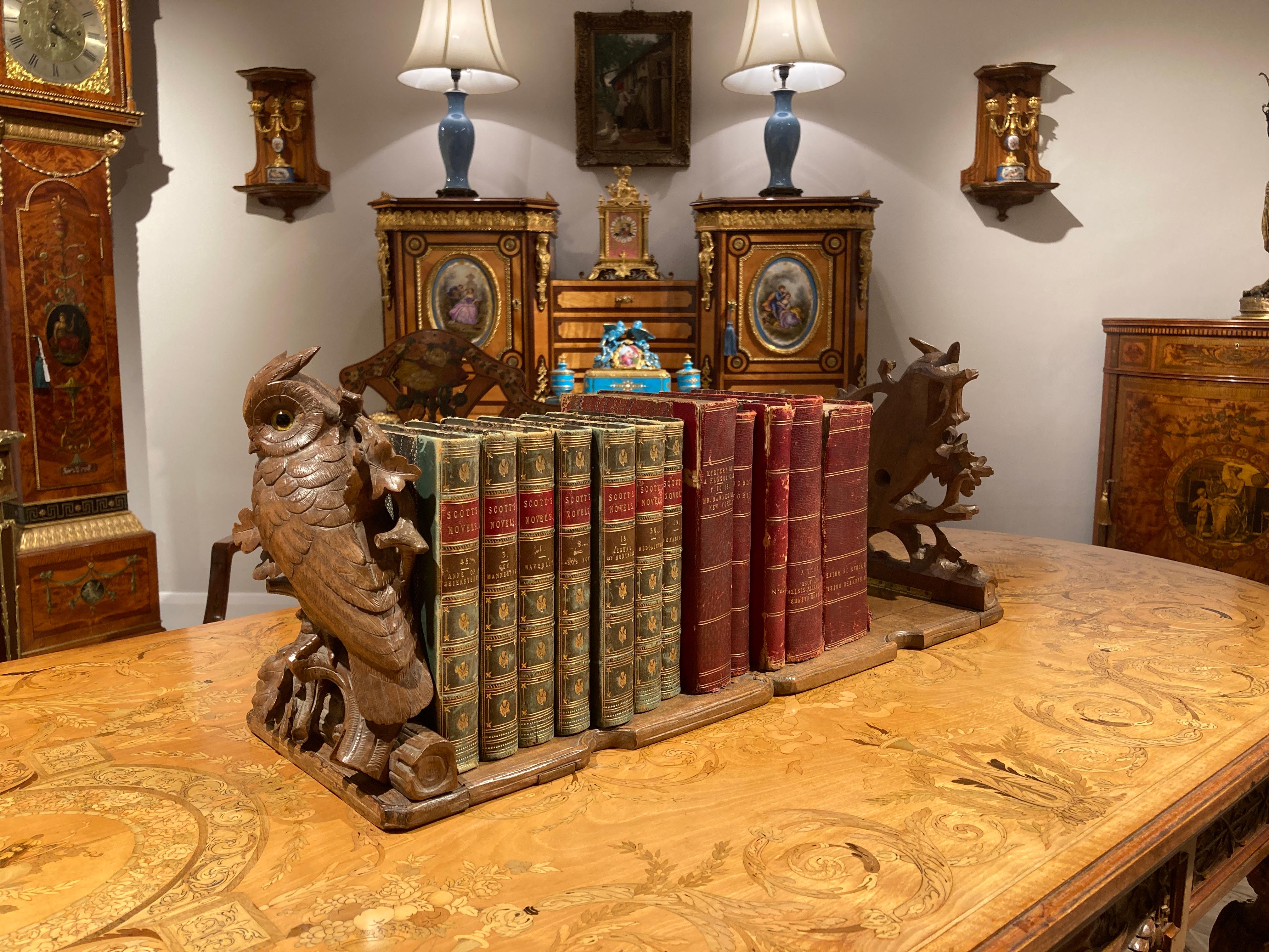 Swiss Black Forest Adjustable Book Rack with Carved Owls