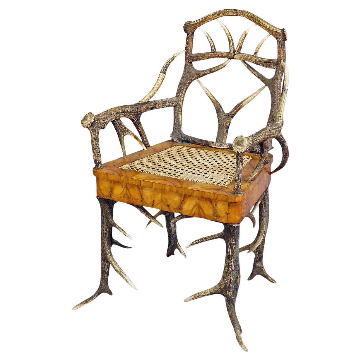 Black Forest Antler Arm Chair by J. A. K. Horn, Turingen 1840s For Sale