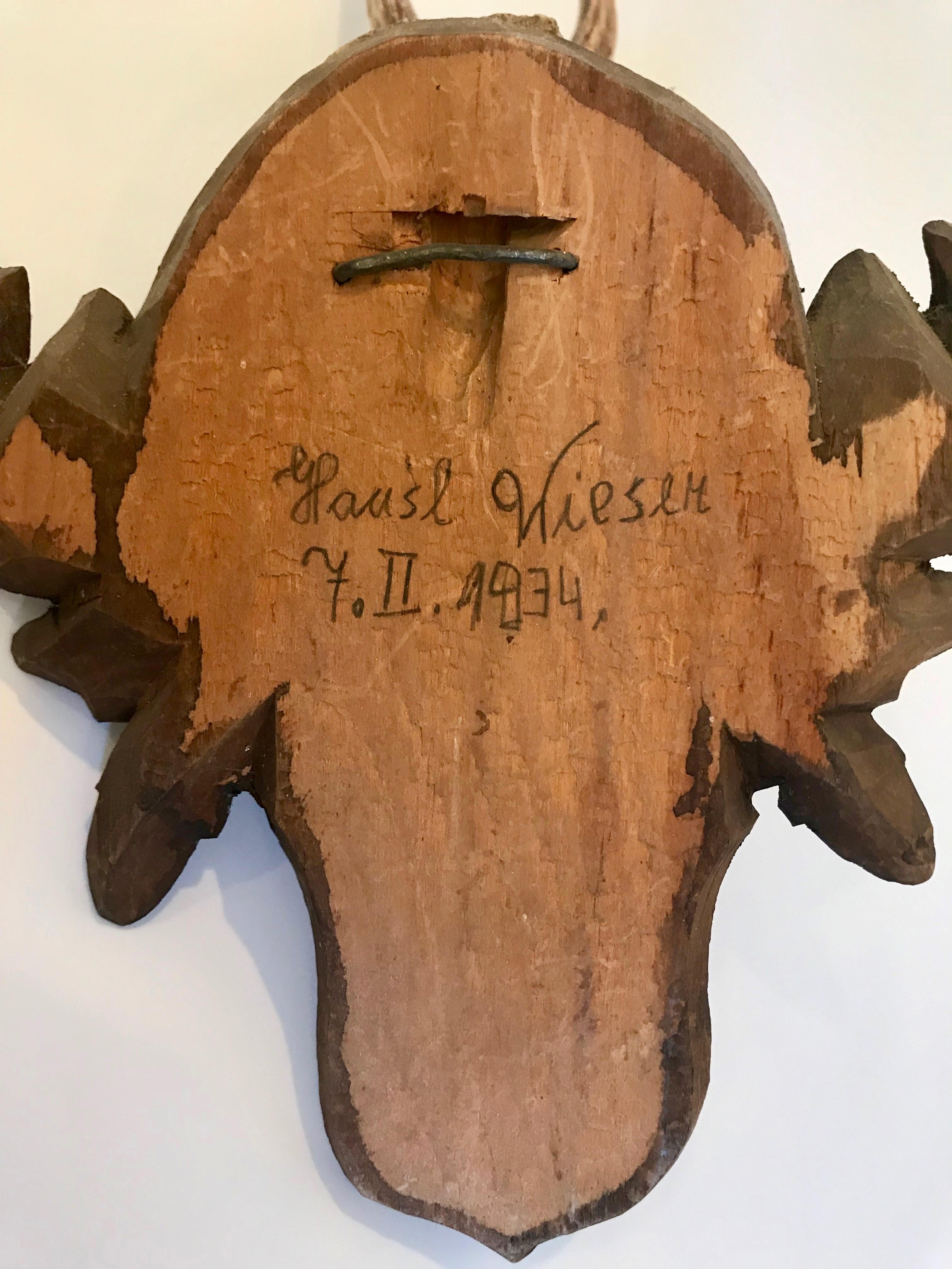 Black Forest Antler Trophies Mounted on a Shield Back with Leaf Decoration For Sale 4