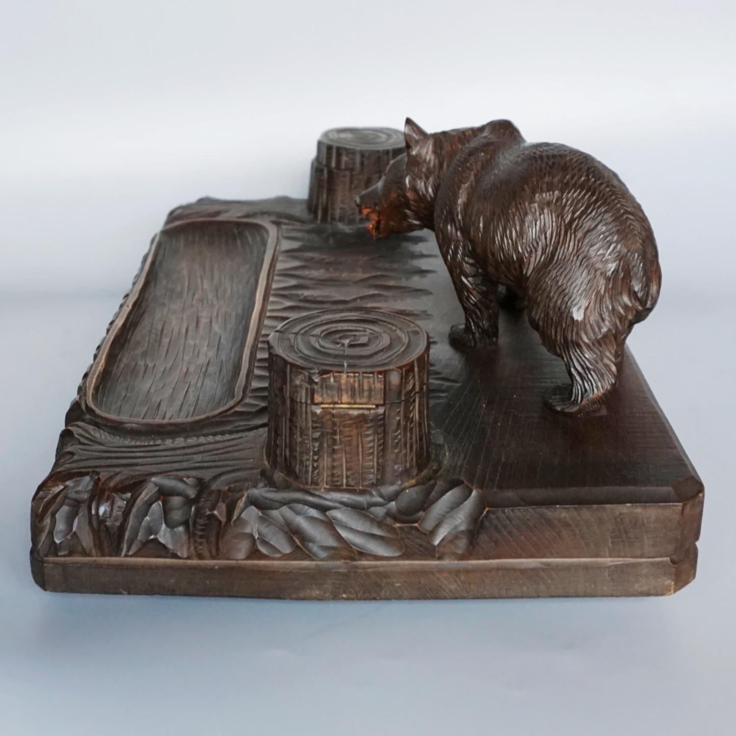 Wood Black Forest Bear Inkwell Swiss Circa 1890