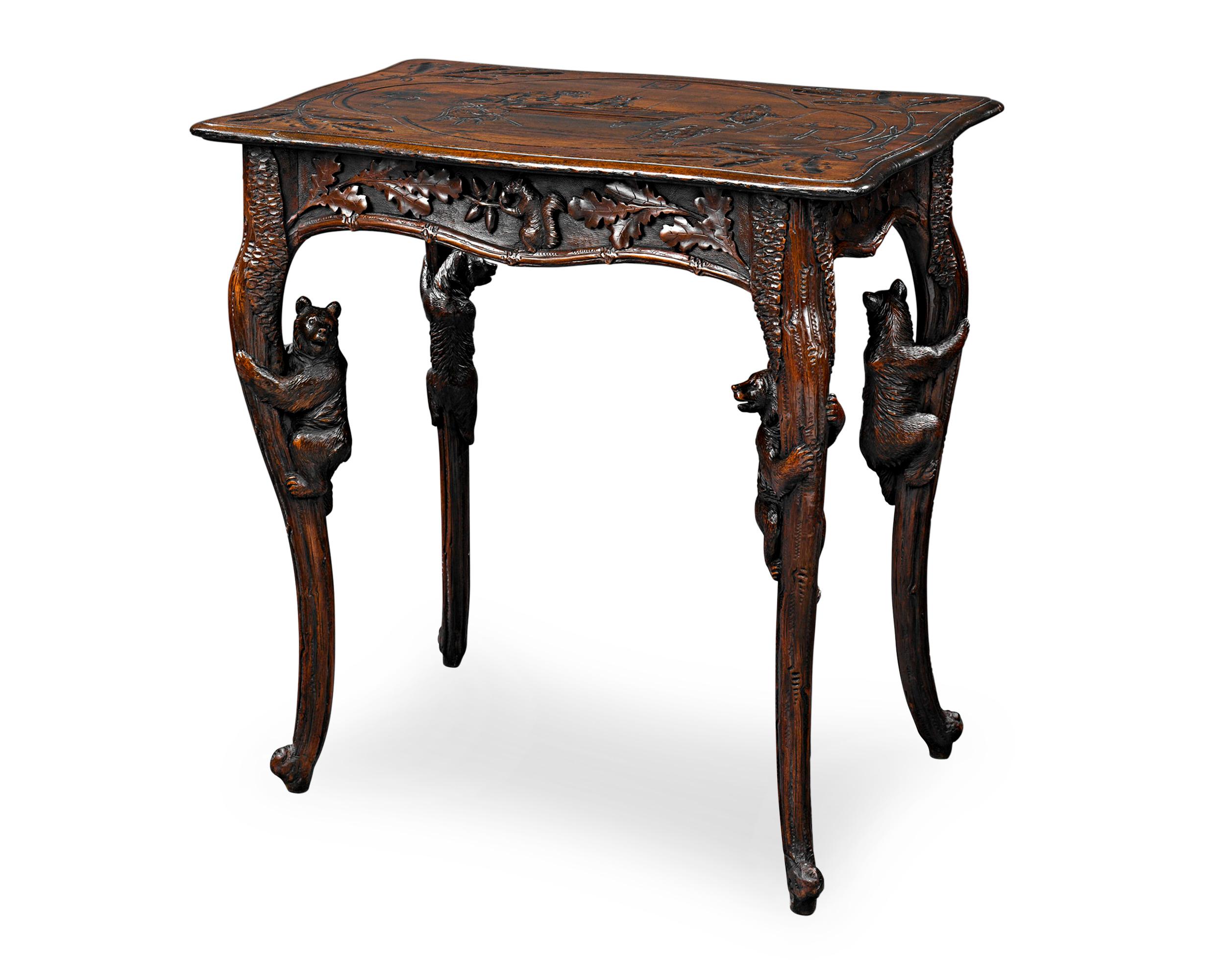 This carved table is a stunning example of Switzerland's famed Black Forest furnishings. Beautifully crafted of oak, this one-of-a-kind table presents a delightful ursine theme, with a quartet of bears playing a friendly game of billiards on the