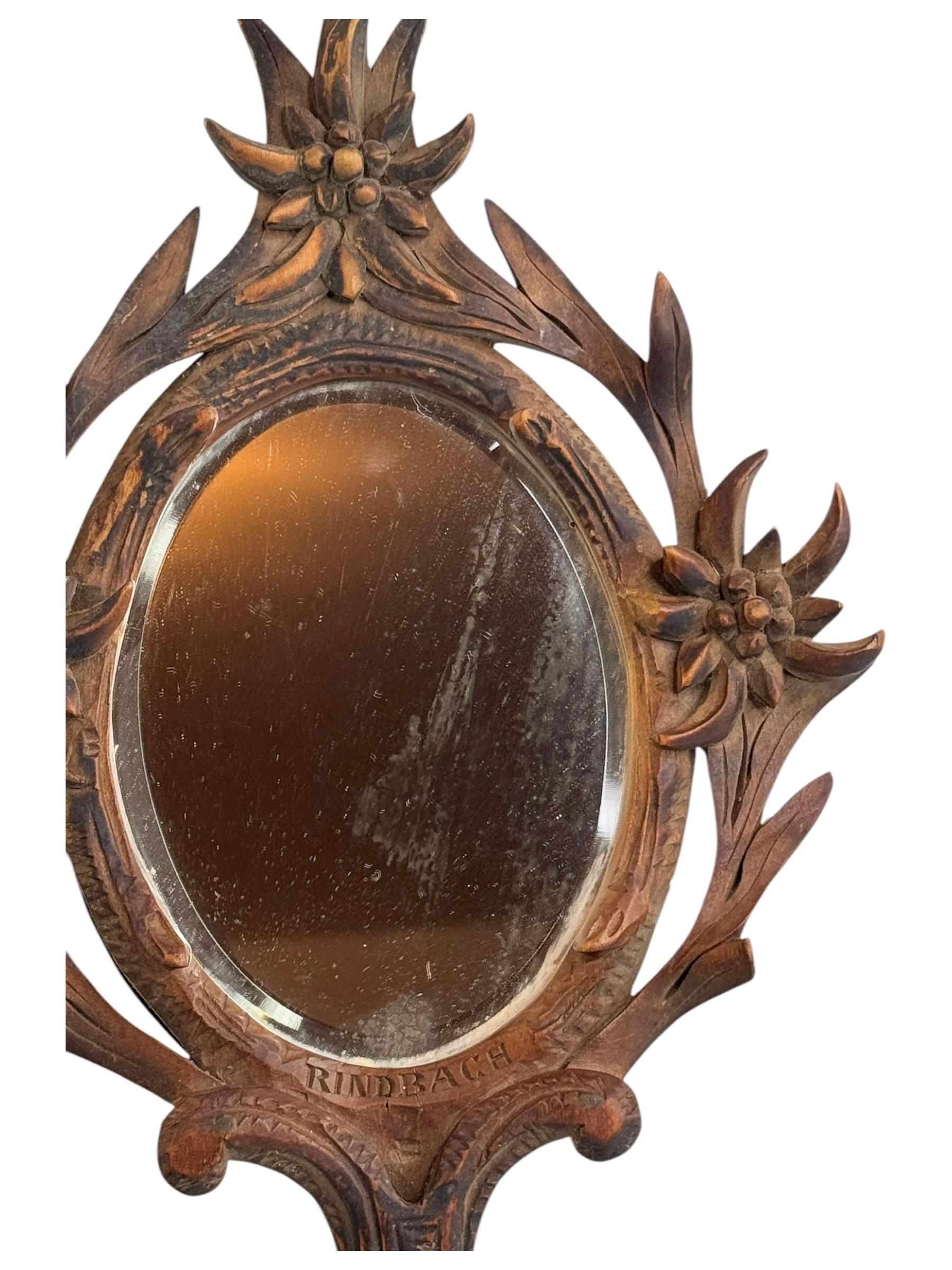 Black Forest Brienz Holz geschnitzt Handspiegel, Antique Austria 1910s (Frühes 20. Jahrhundert) im Angebot