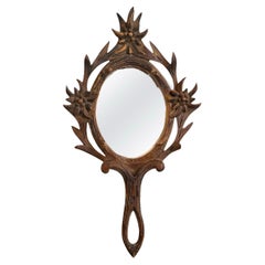 Black Forest Brienz wood carved Handheld Mirror, Antique Austria 1910s