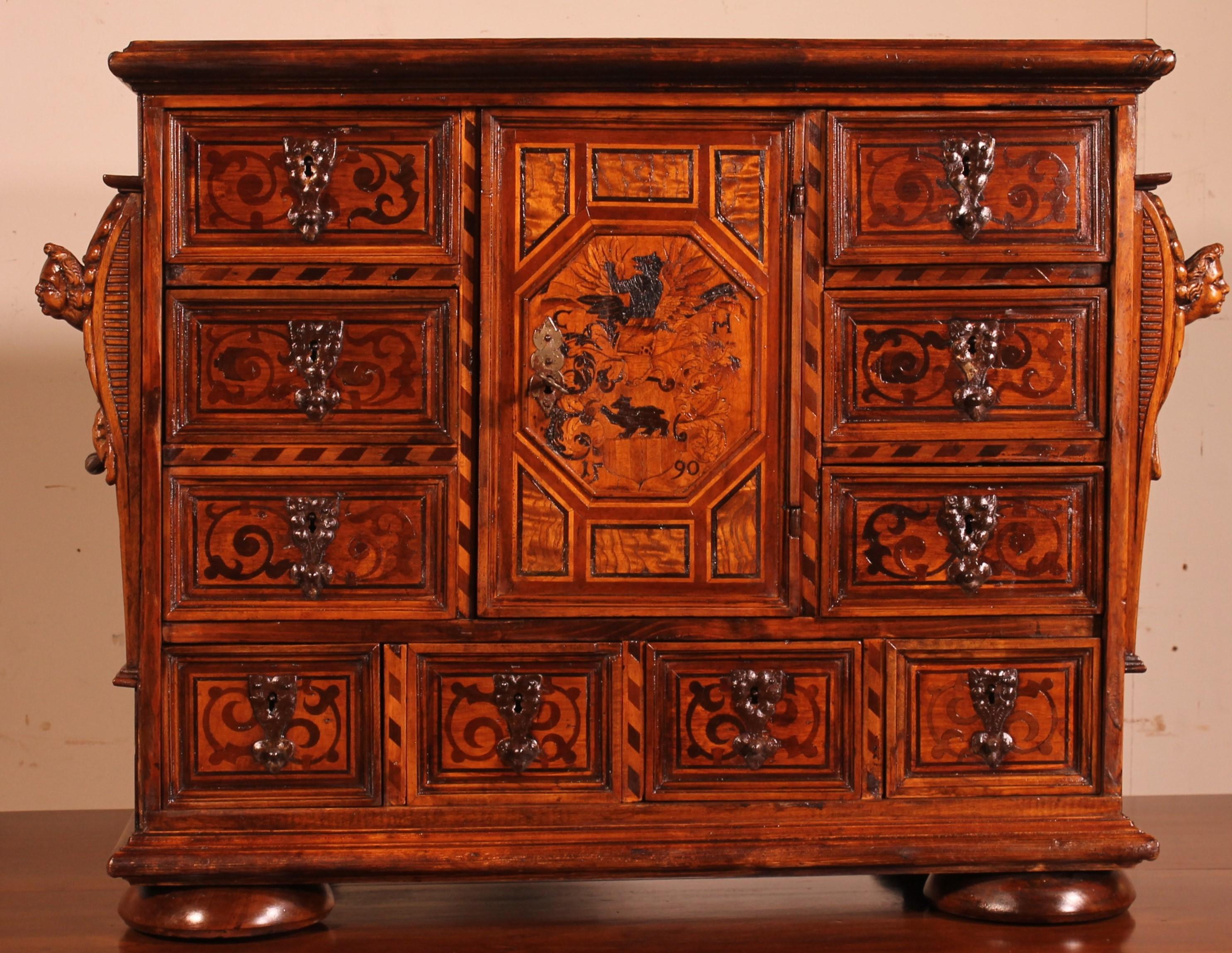 Walnut Black Forest Cabinet Dated 1590 With Its Base For Sale