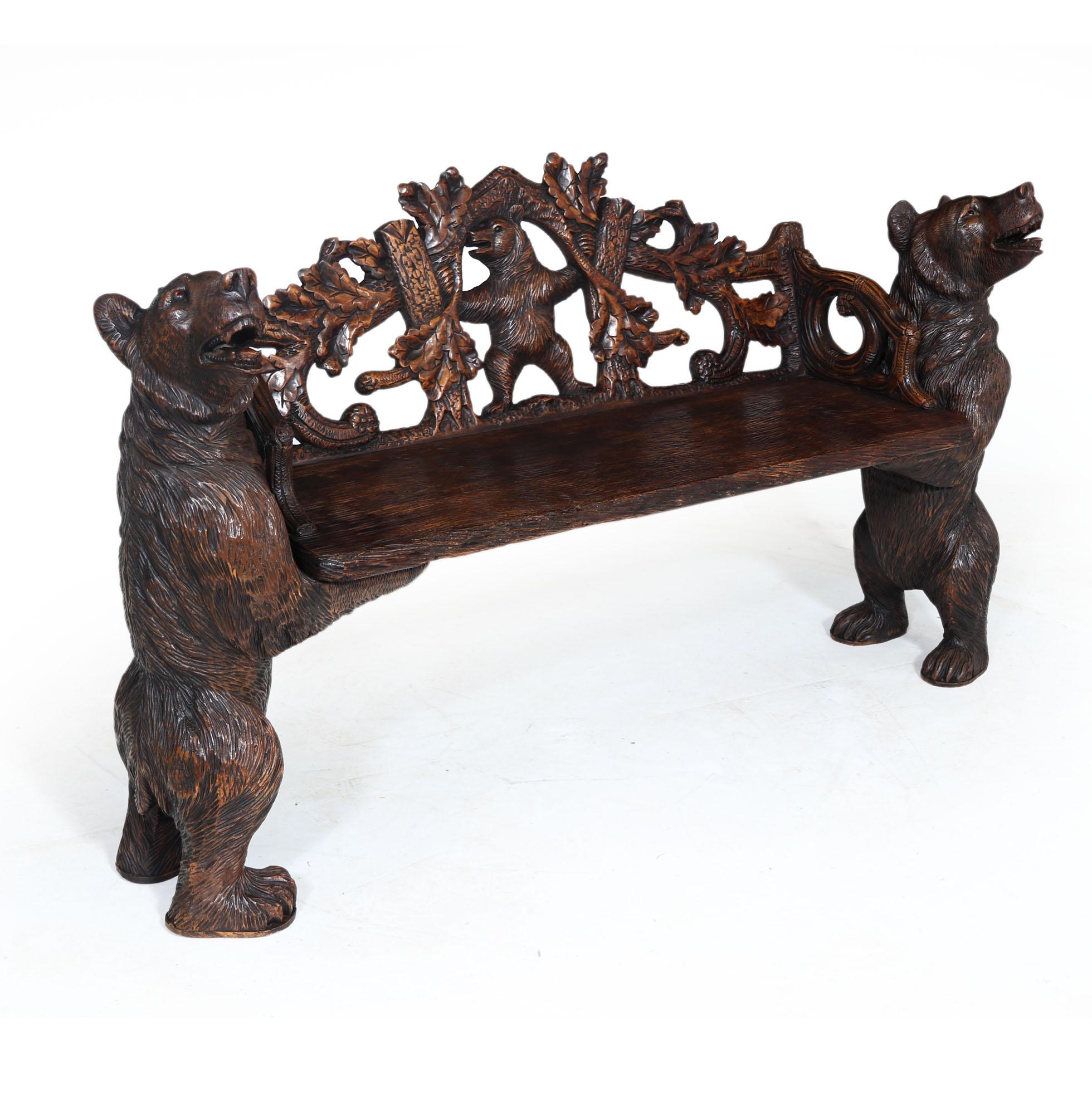 German Black Forest Carved Bear Bench For Sale