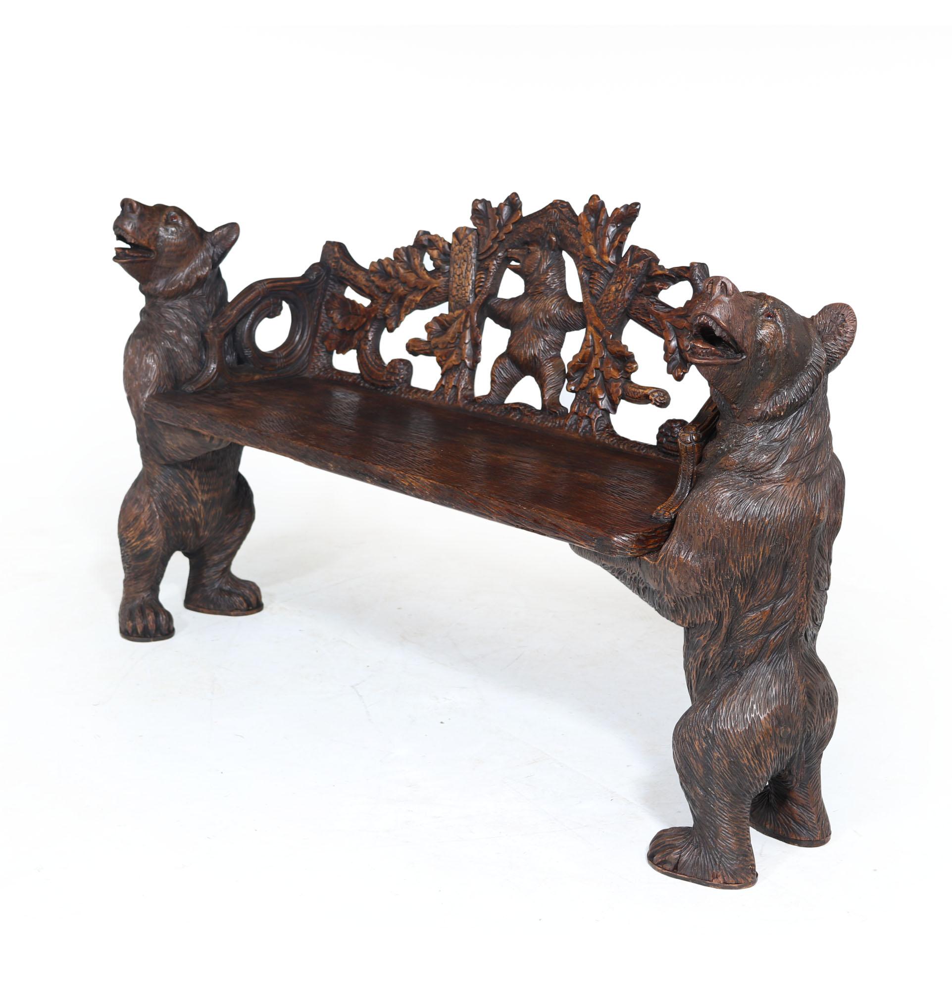 German Black Forest Carved Bear Bench For Sale